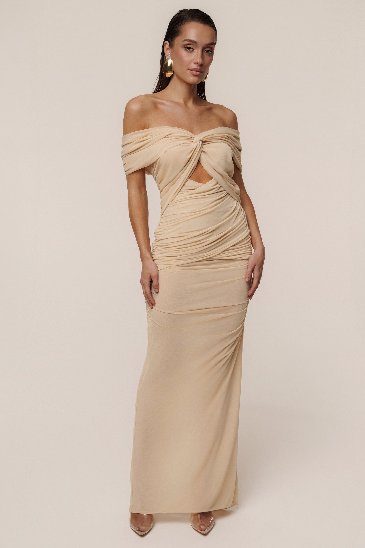Ivory Alessandra Off Shoulder Maxi Dress JLUXLABEL