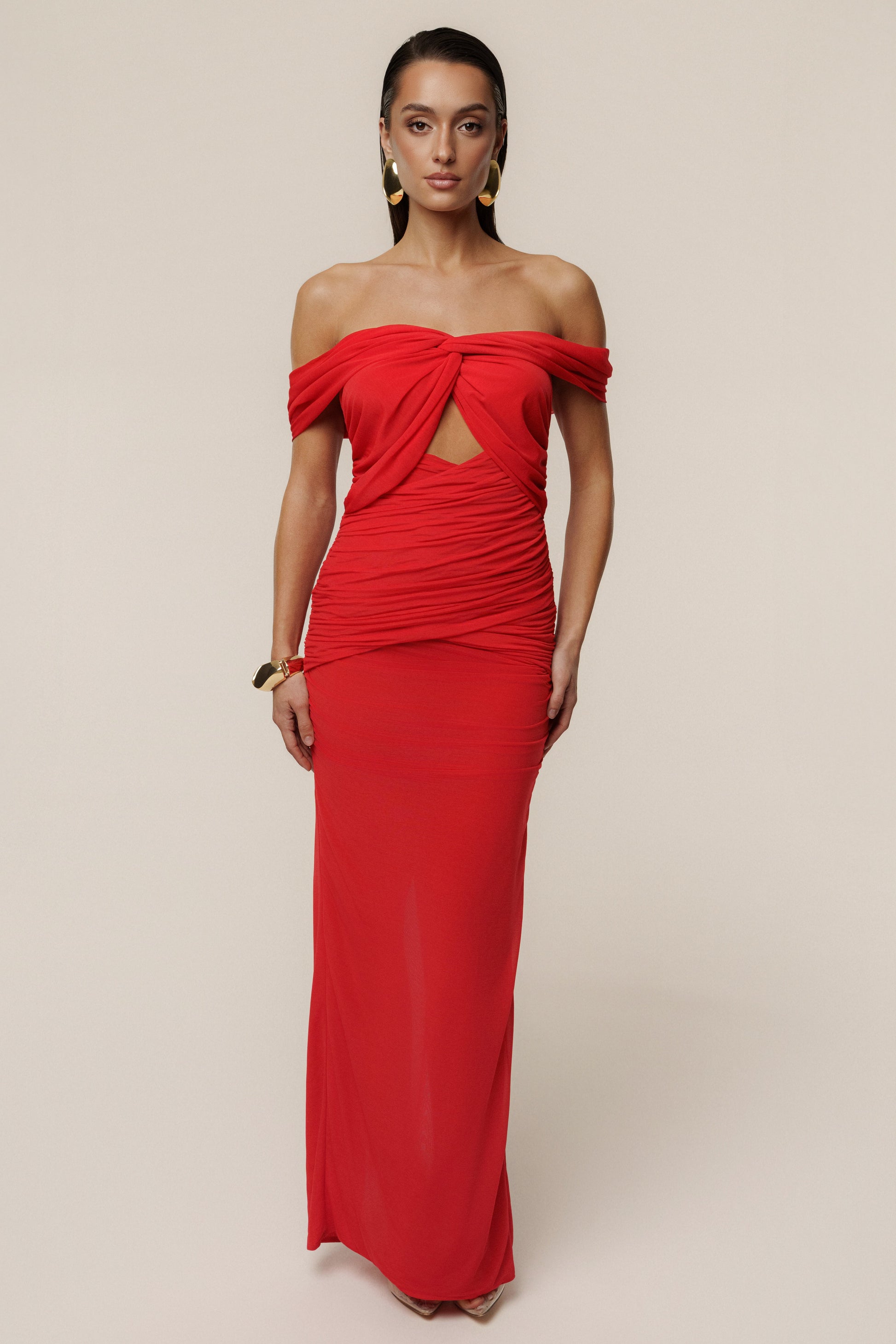 Red Alessandra Off Shoulder Maxi Dress JLUXLABEL