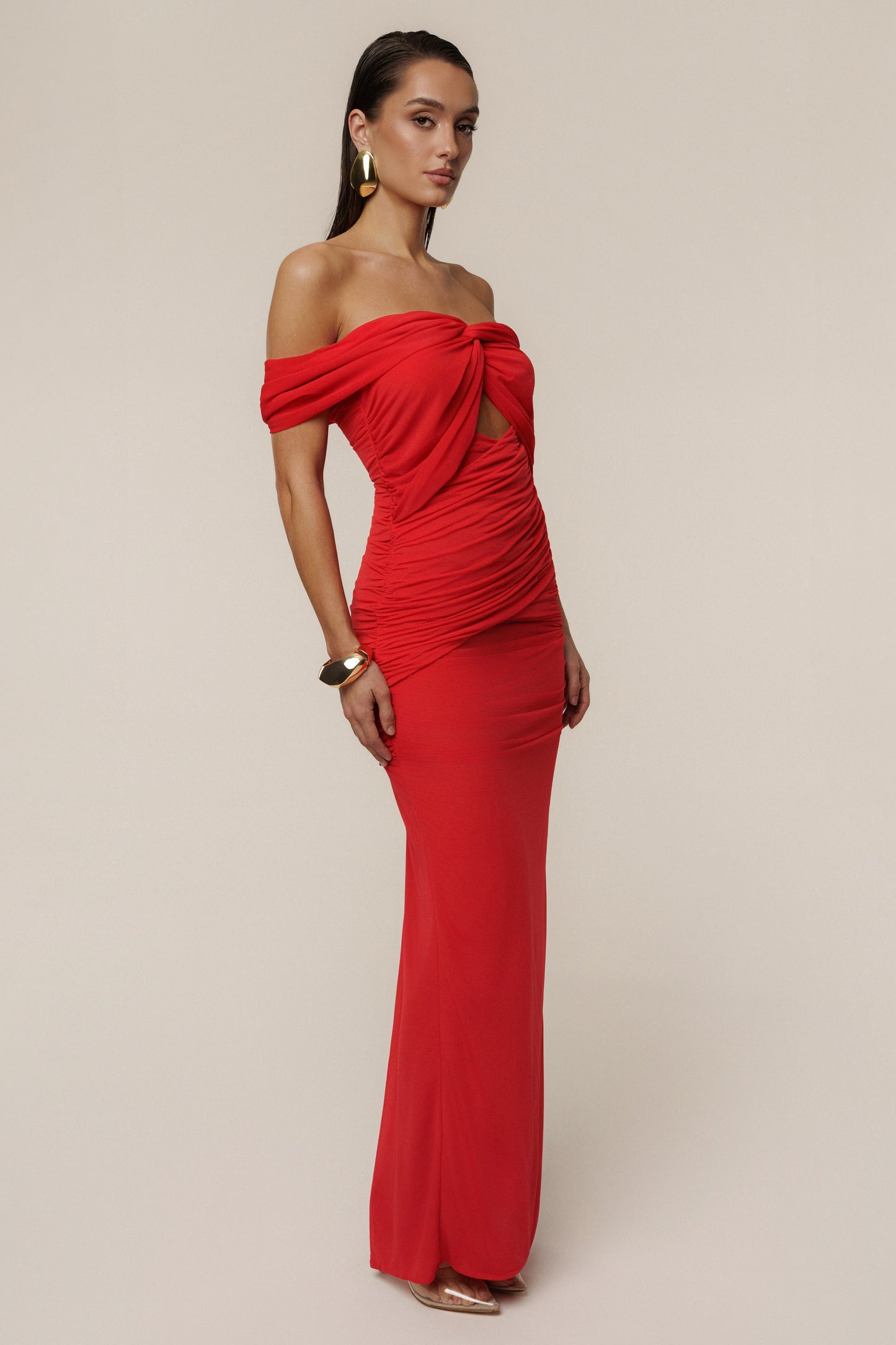 Red Alessandra Off Shoulder Maxi Dress JLUXLABEL