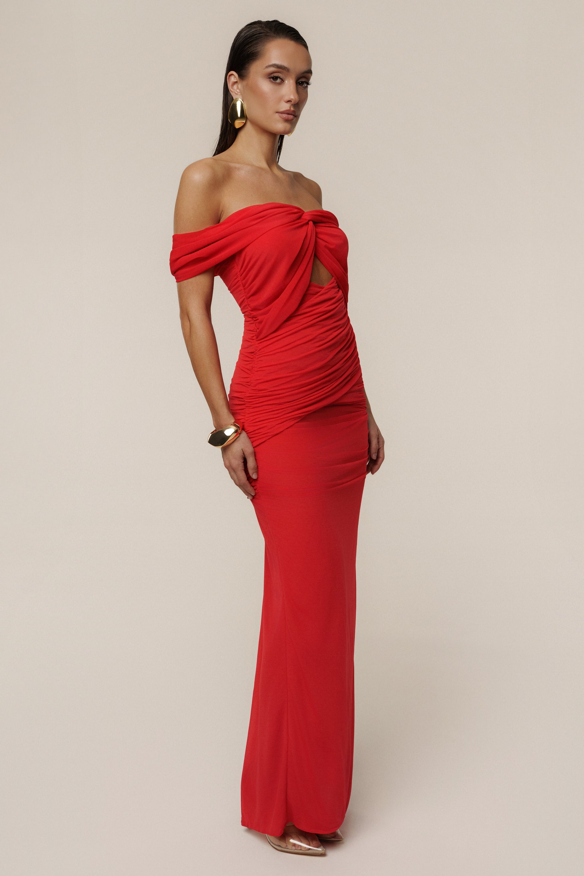 Red Alessandra Off Shoulder Maxi Dress JLUXLABEL