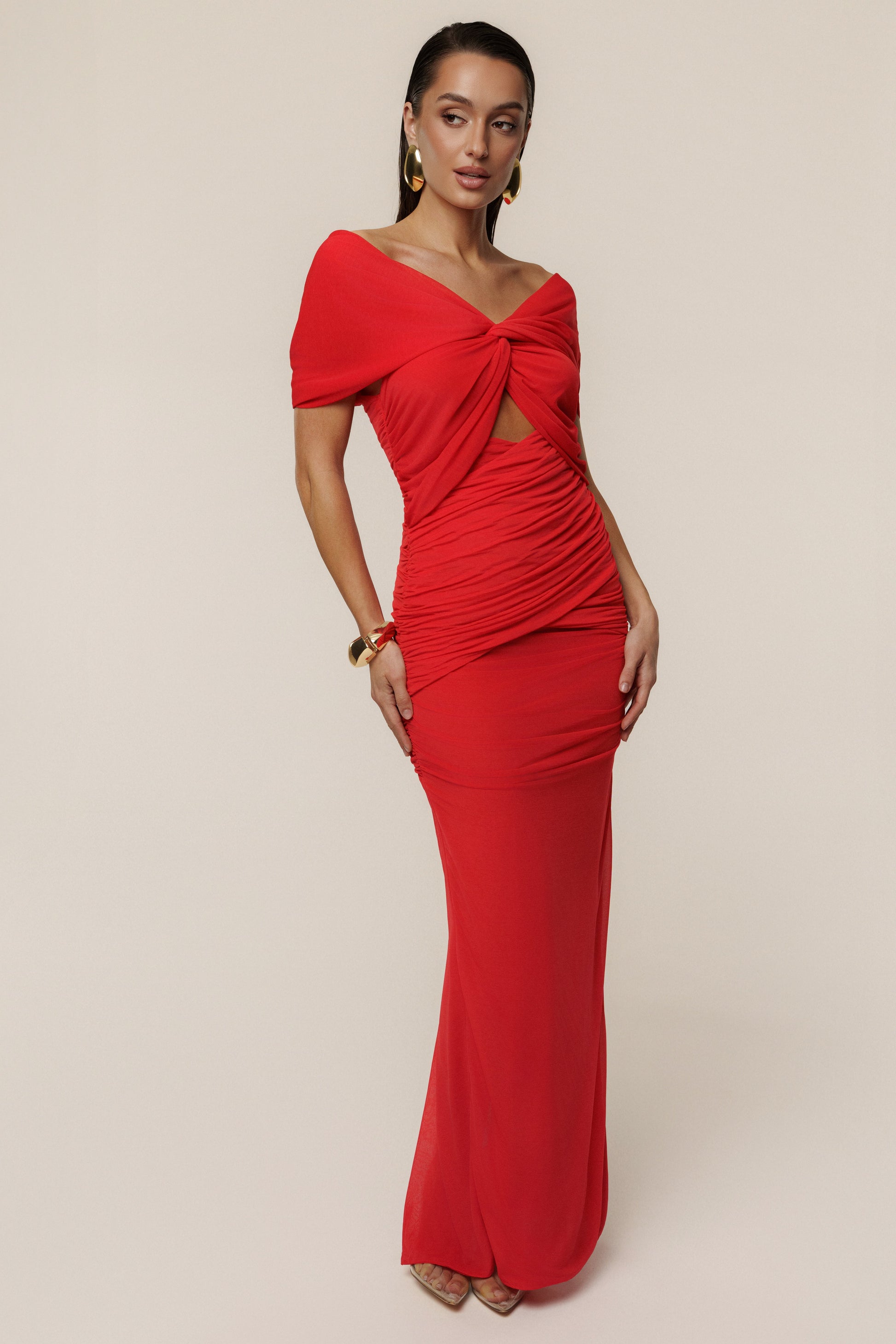 Red Alessandra Off Shoulder Maxi Dress JLUXLABEL