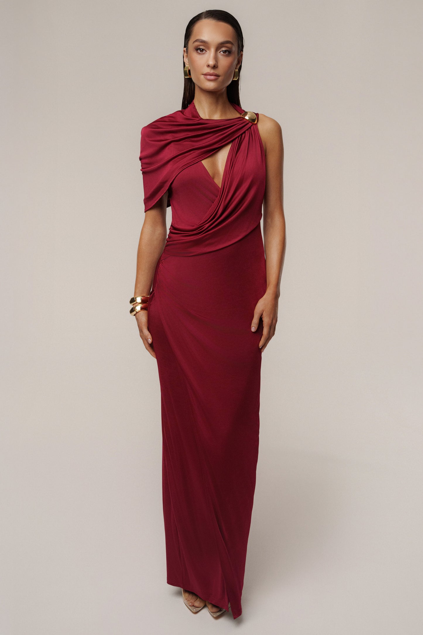 Burgundy Enchanted Drape Maxi Dress JLUXLABEL