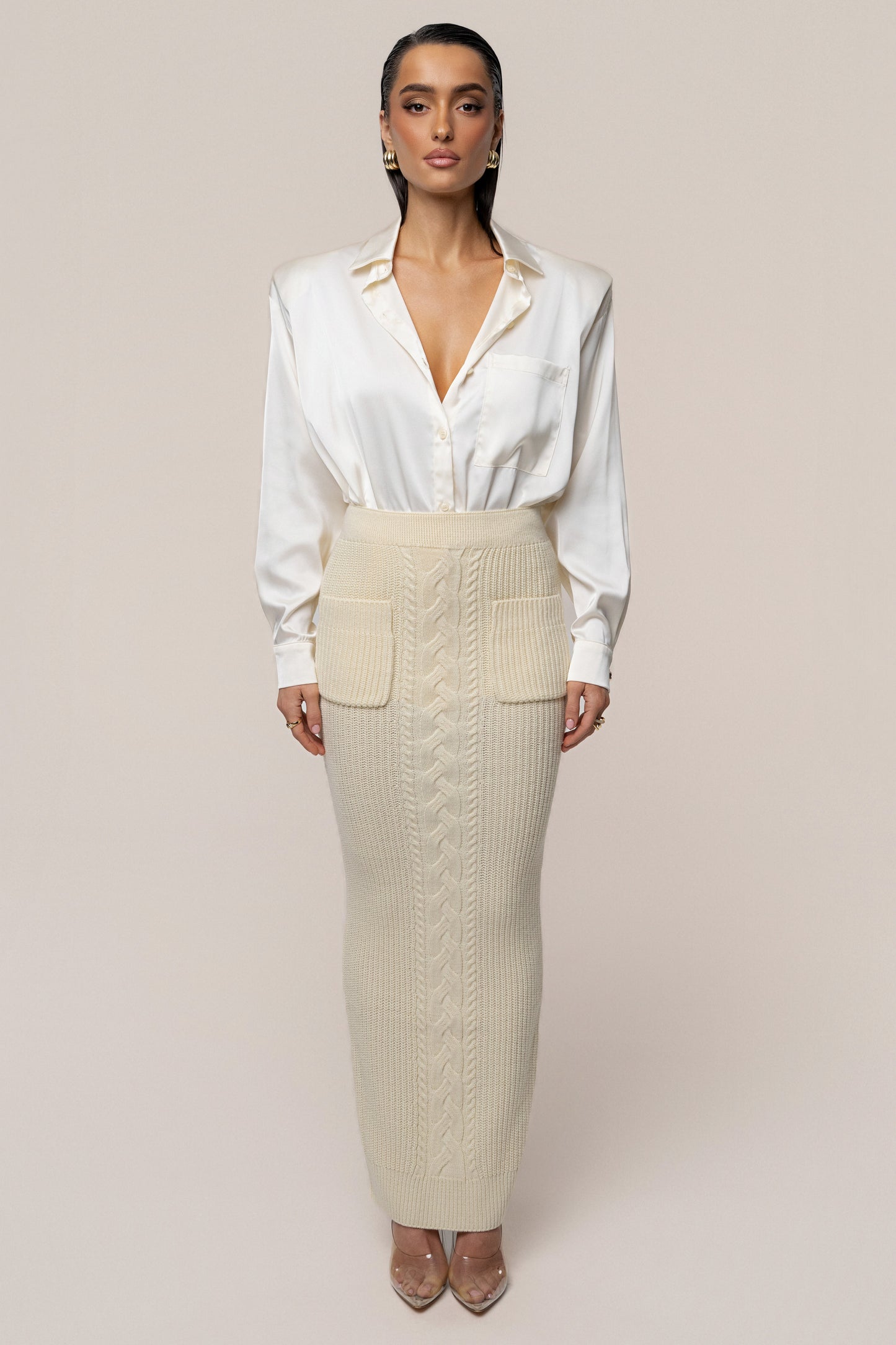 Cream Missy Cable Sweater Midi Skirt