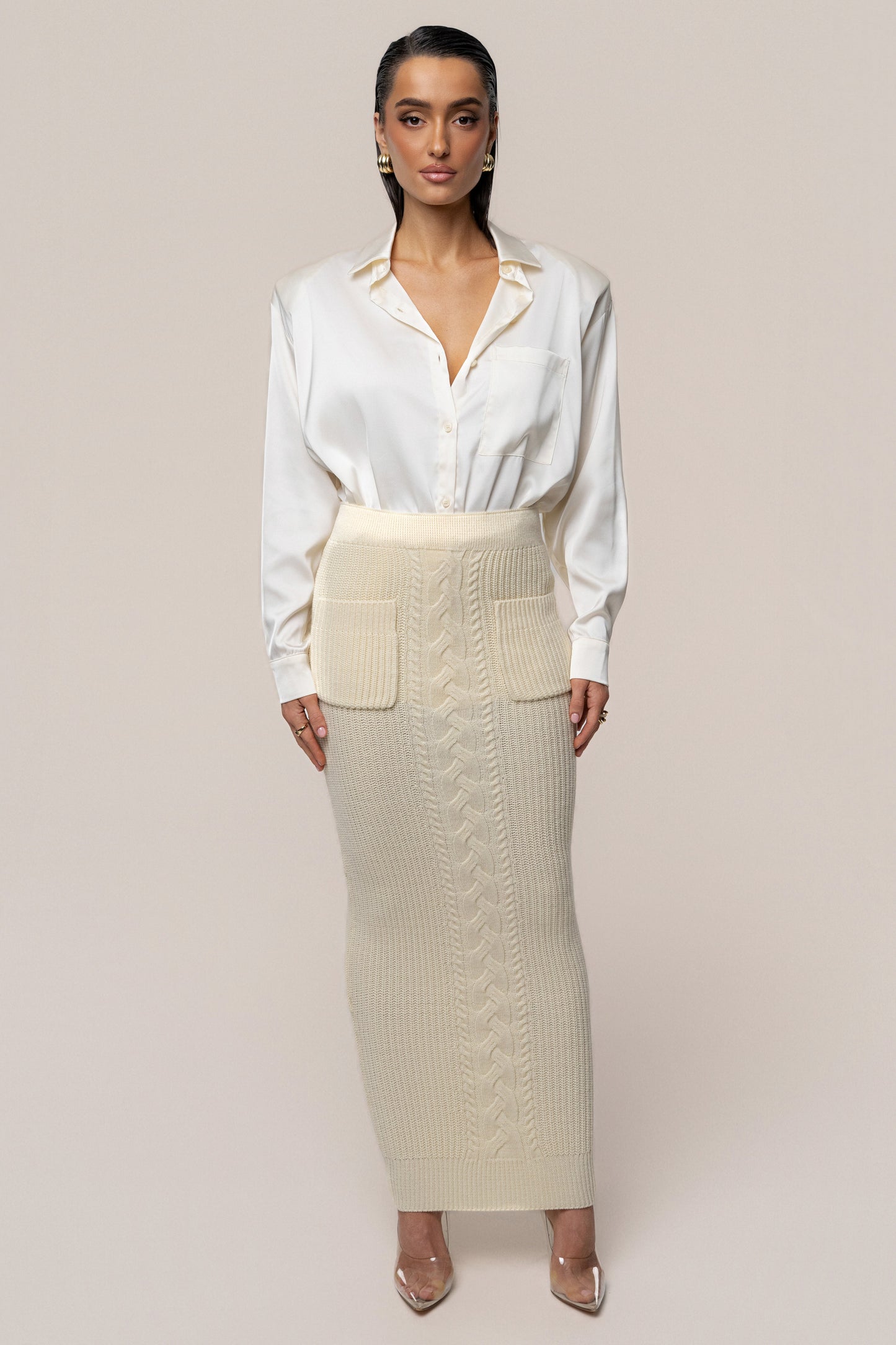 Cream Missy Cable Sweater Midi Skirt