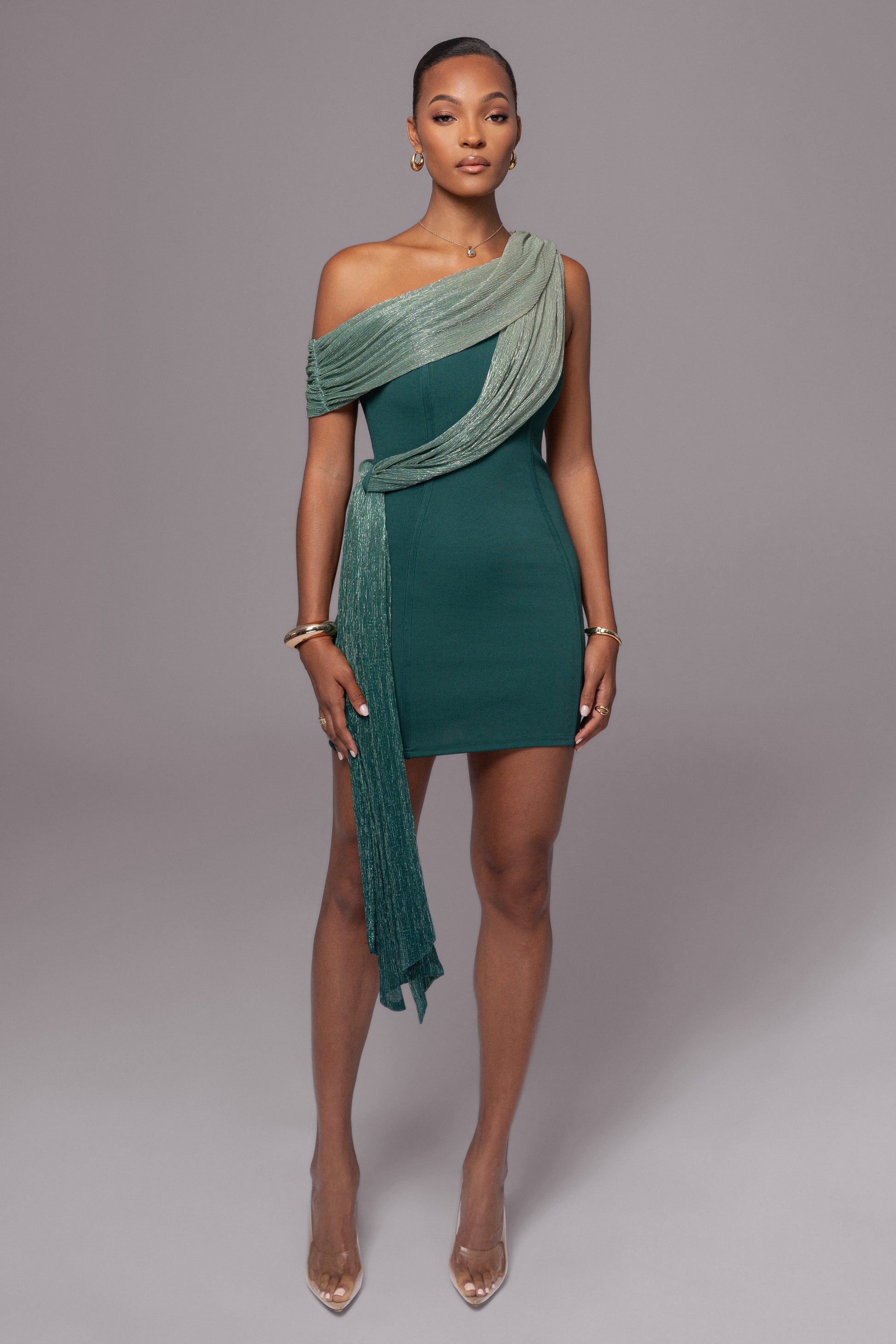Green Asymmetric Drape Mini Dress JLUXLABEL