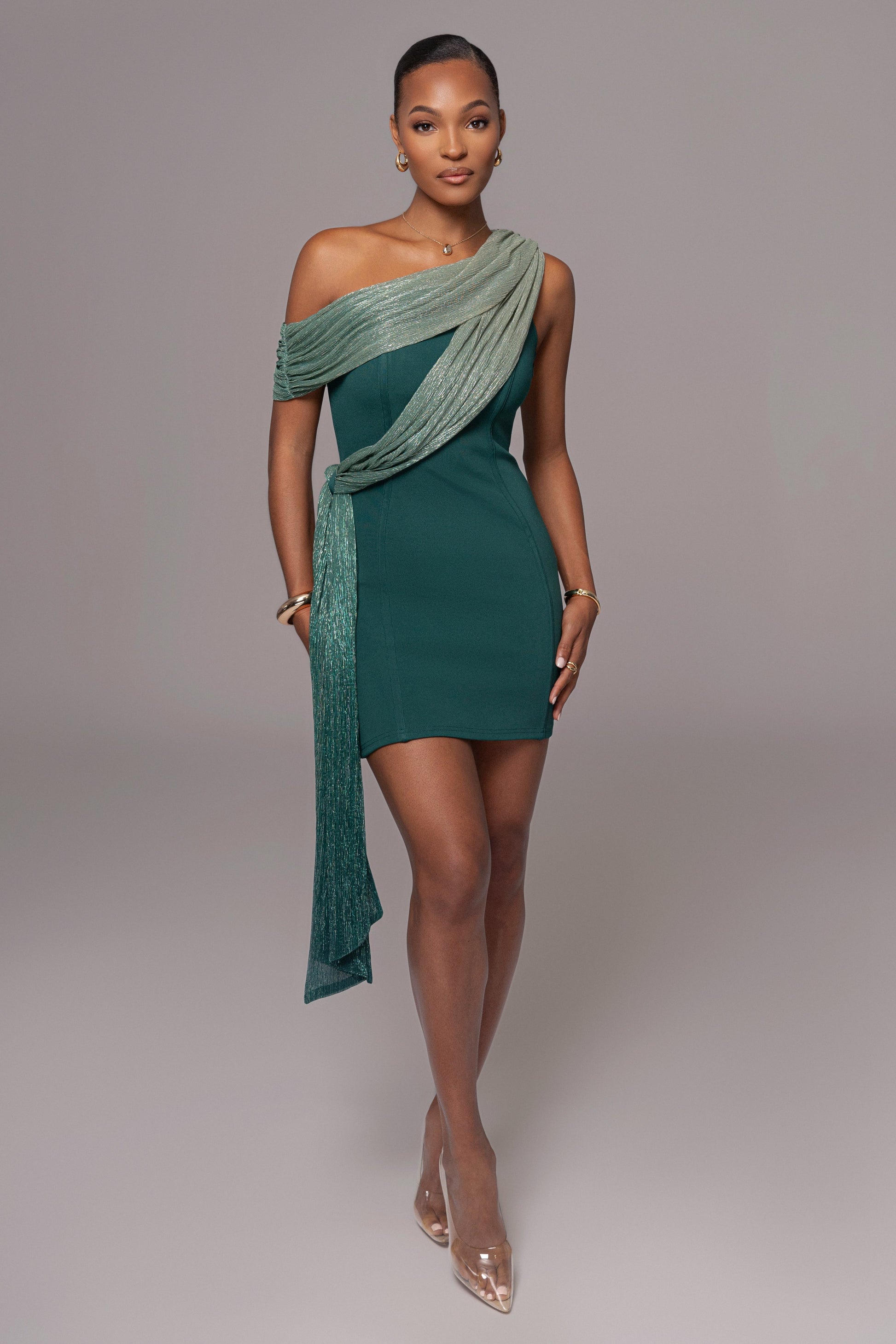 Green Asymmetric Drape Mini Dress JLUXLABEL