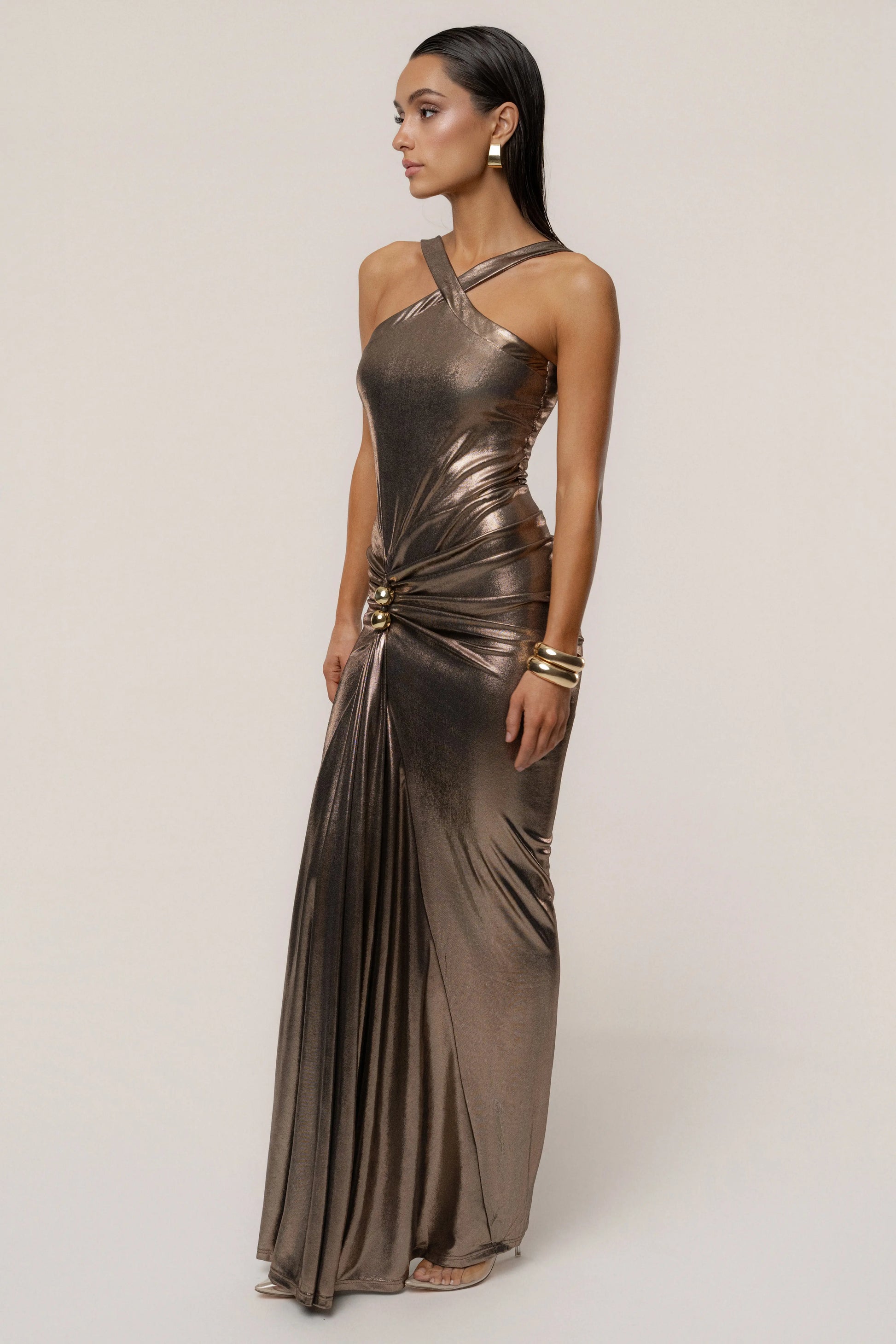 Bronze Izabel Draped Maxi Gown JLUXLABEL