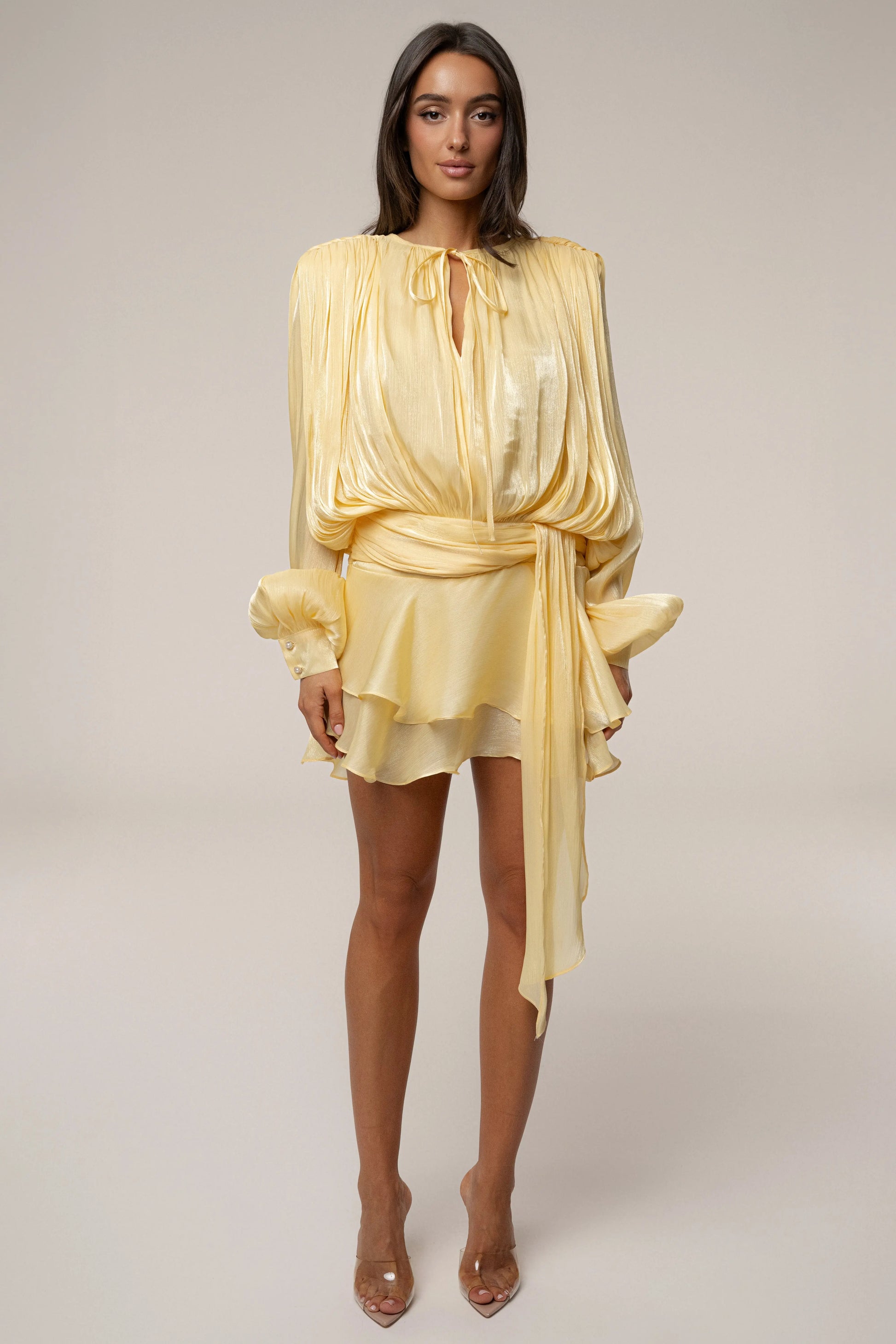 Yellow Pure Glow Draped Mini Dress JLUXLABEL