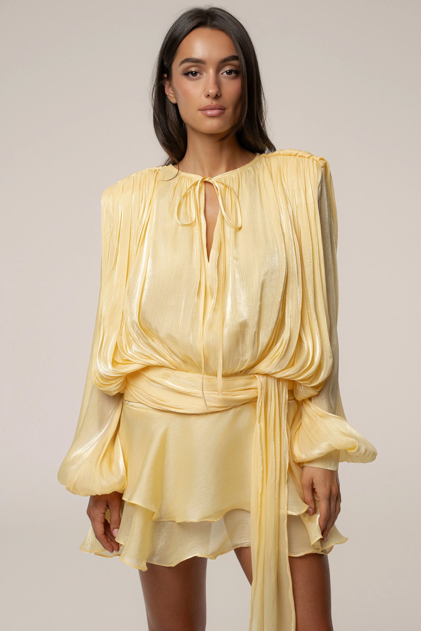 Yellow Pure Glow Draped Mini Dress JLUXLABEL