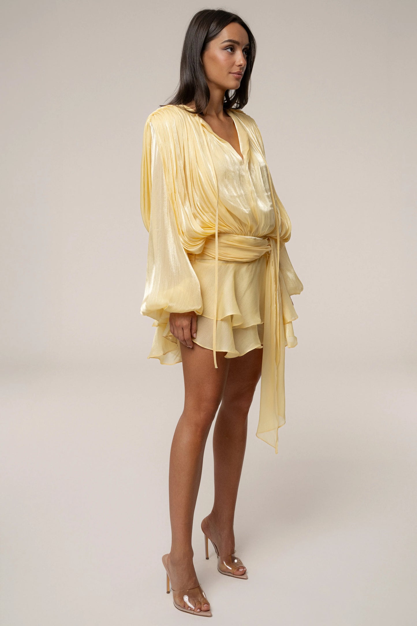 Yellow Pure Glow Draped Mini Dress JLUXLABEL