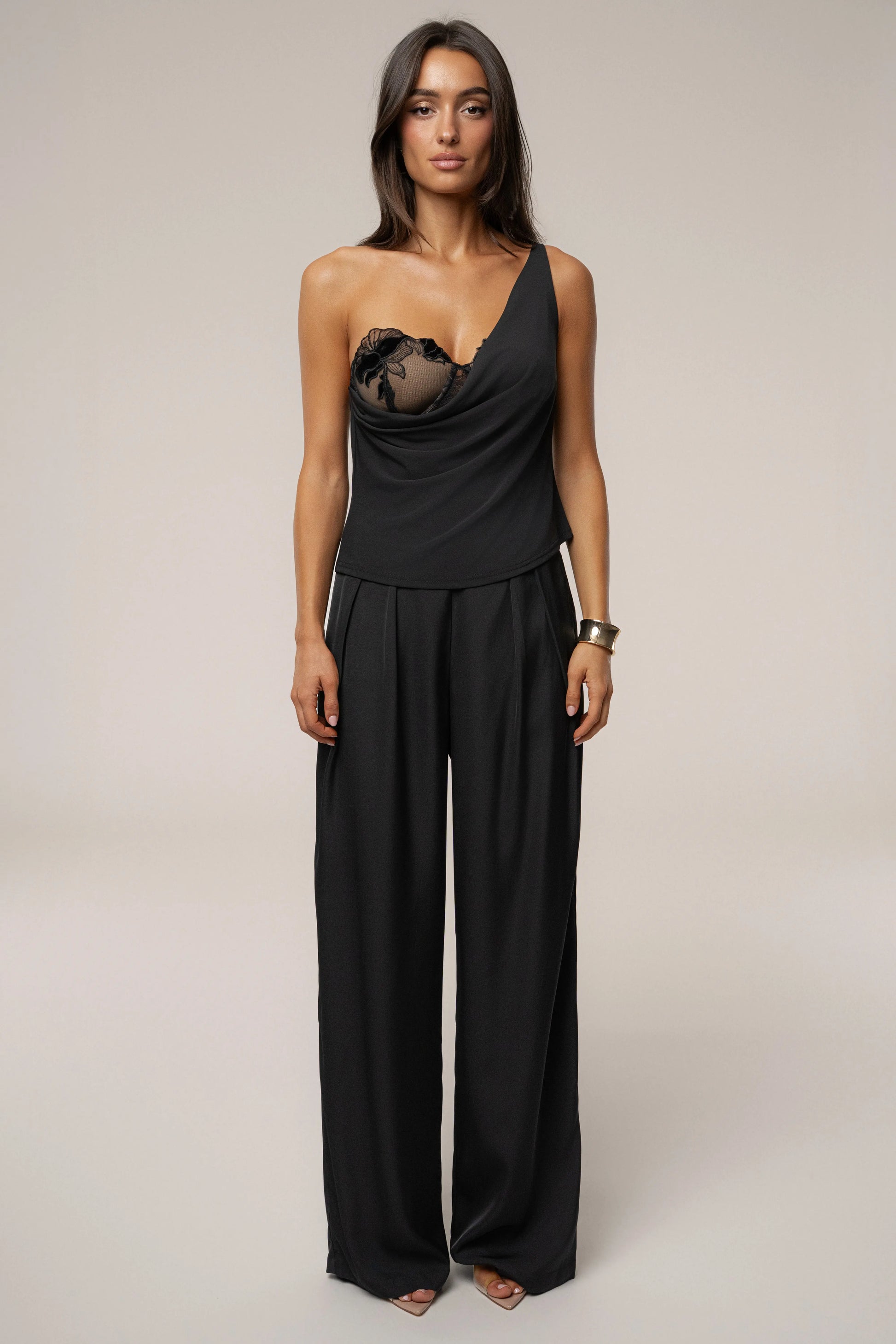 Black Velina Satin Cowl Top JLUXLABEL