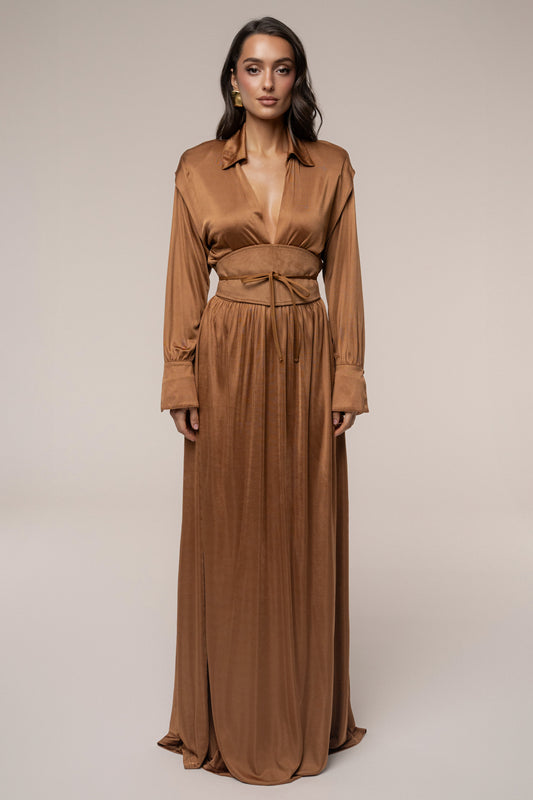 Tan High Line Collar Maxi Dress