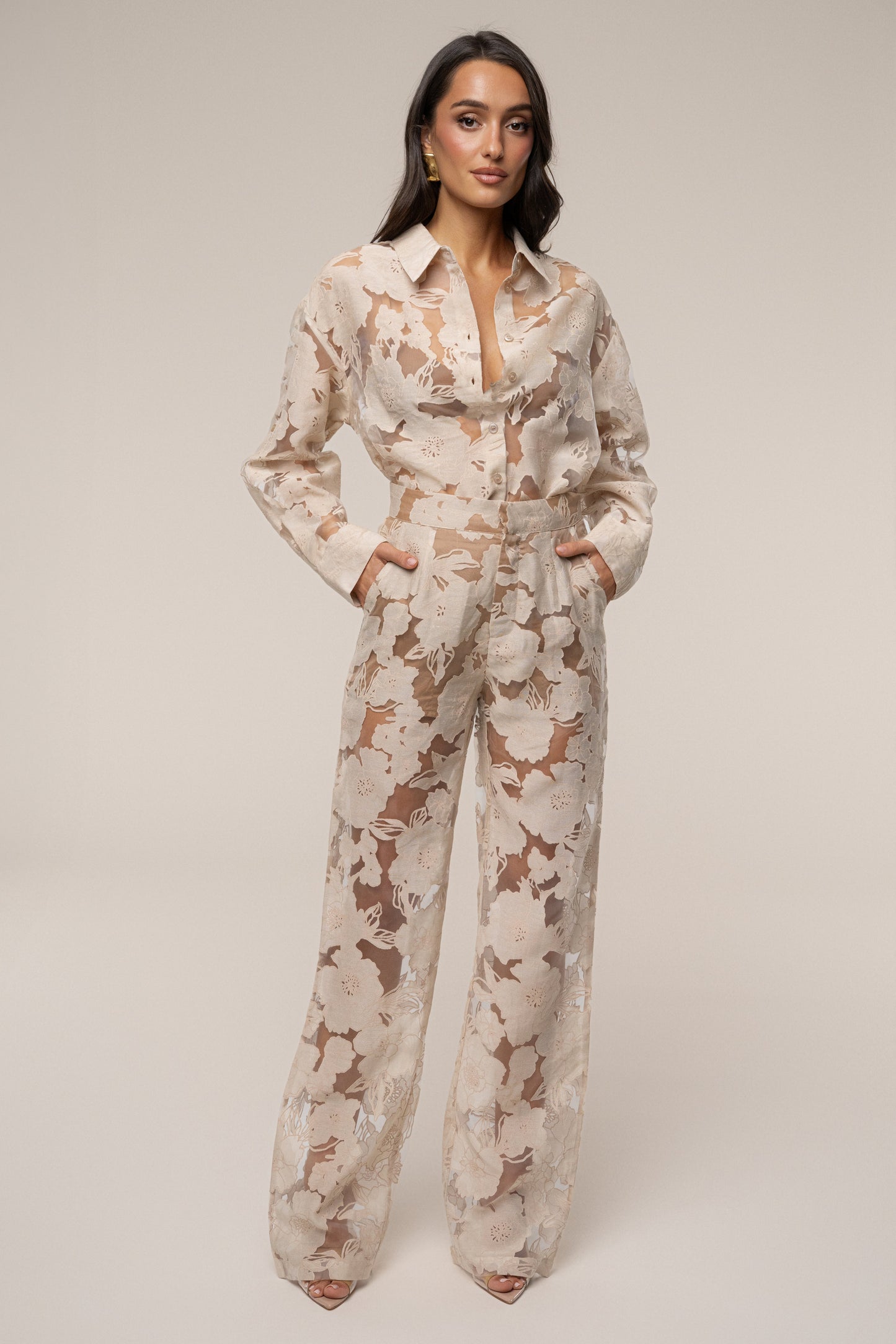 PRE-ORDER Beige Organza Floral Pant JLUXLABEL