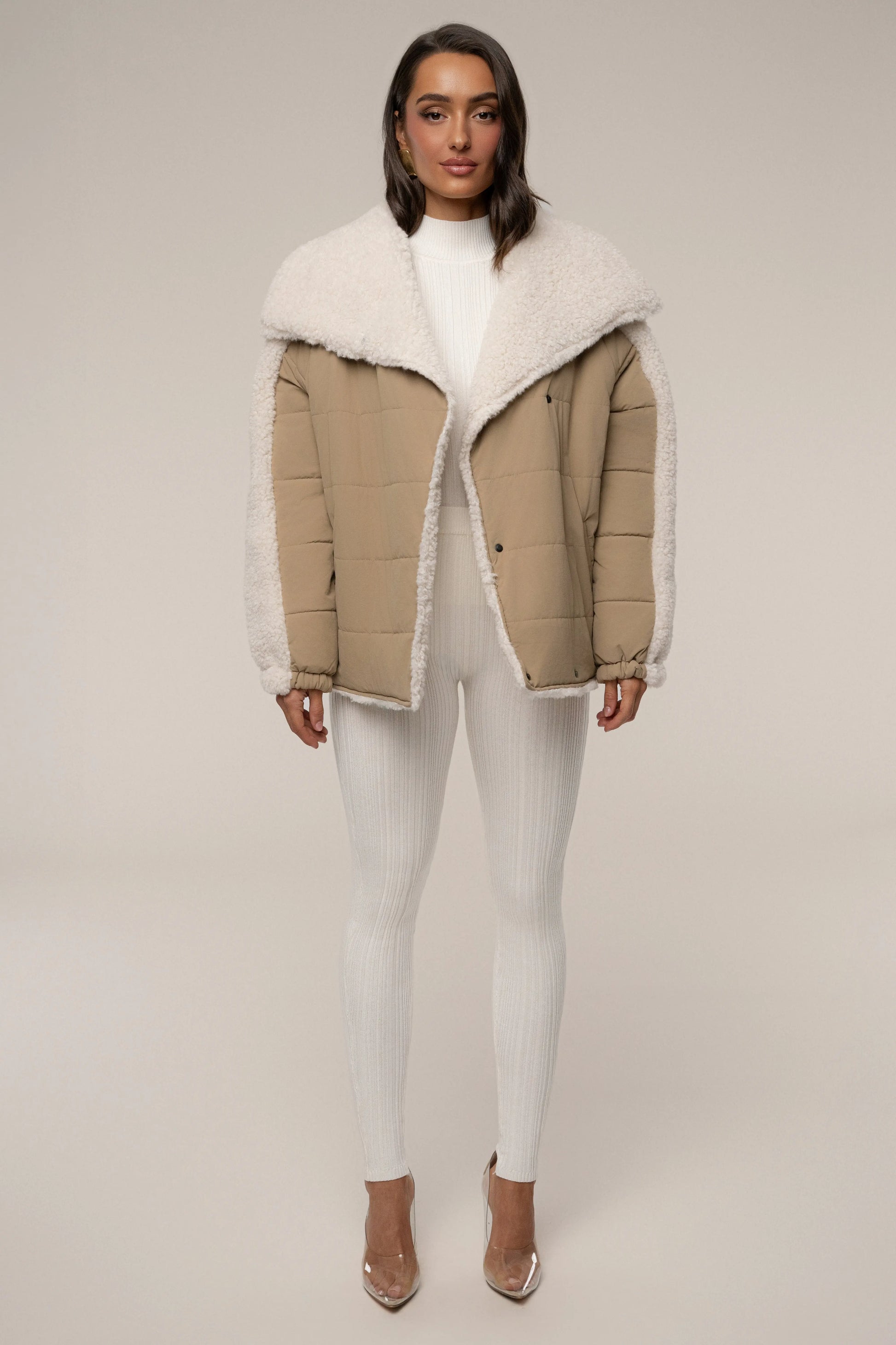 Beige/Ivory Contrast Sherpa Jacket JLUXLABEL