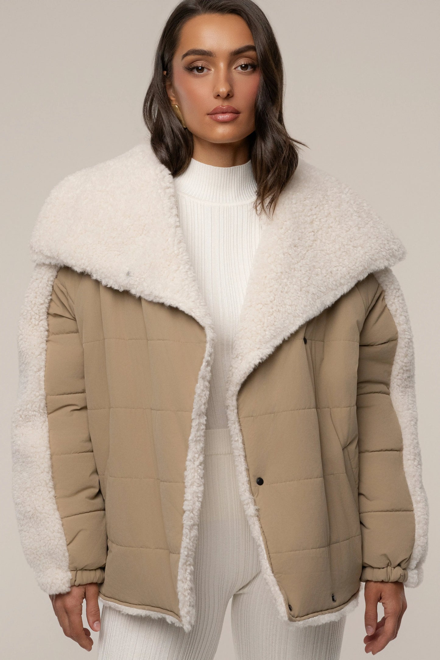 Beige/Ivory Contrast Sherpa Jacket JLUXLABEL