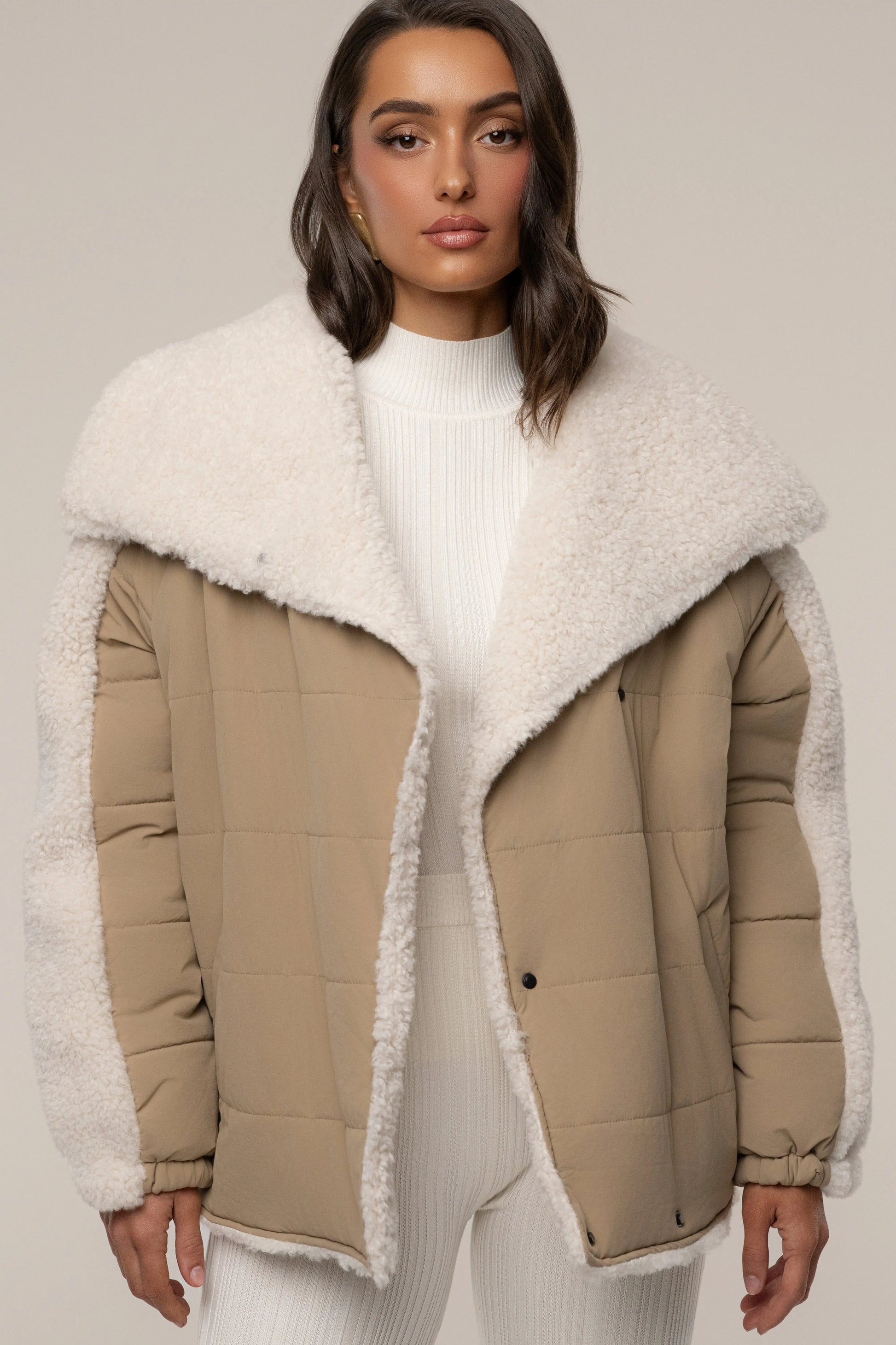Beige/Ivory Contrast Sherpa Jacket JLUXLABEL