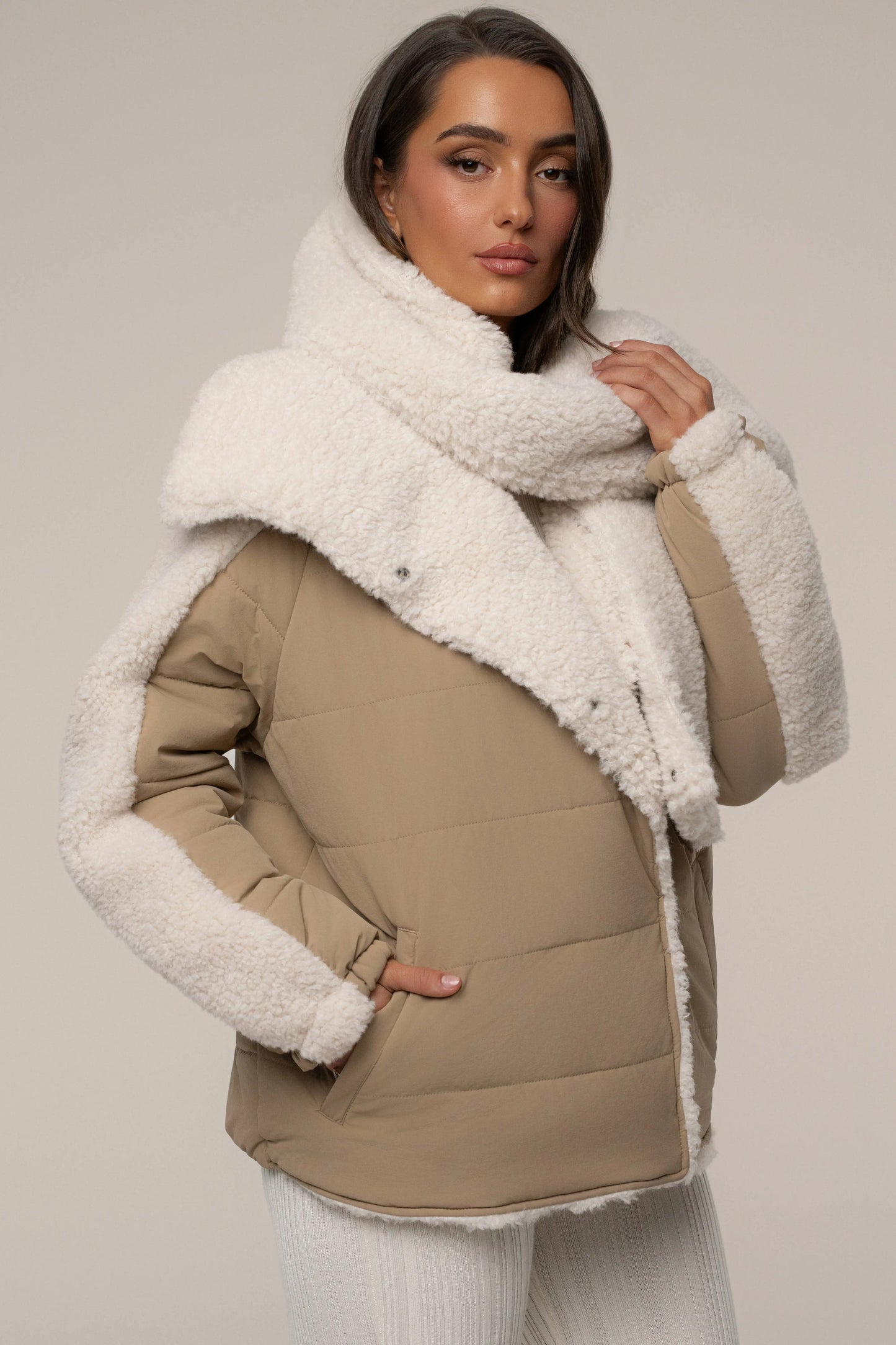 Beige/Ivory Contrast Sherpa Jacket JLUXLABEL