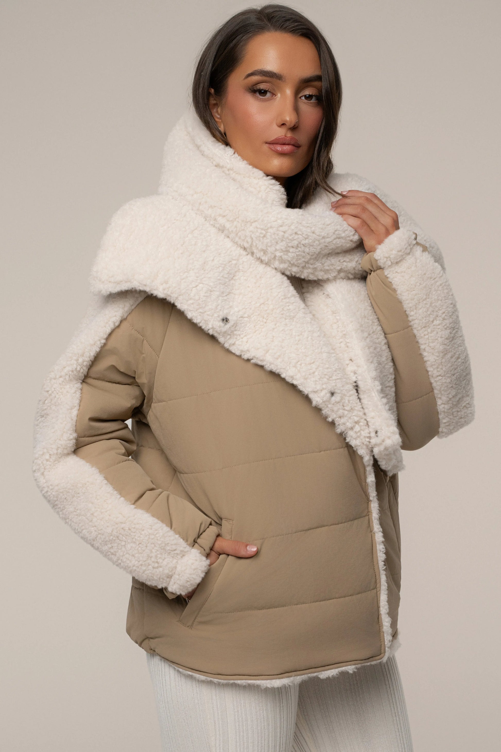 Beige/Ivory Contrast Sherpa Jacket JLUXLABEL