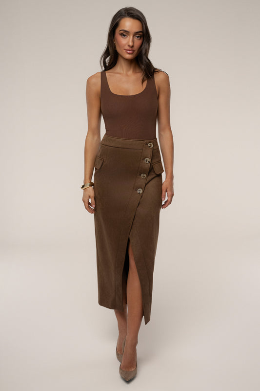 Chocolate Audrey Suede Midi Skirt