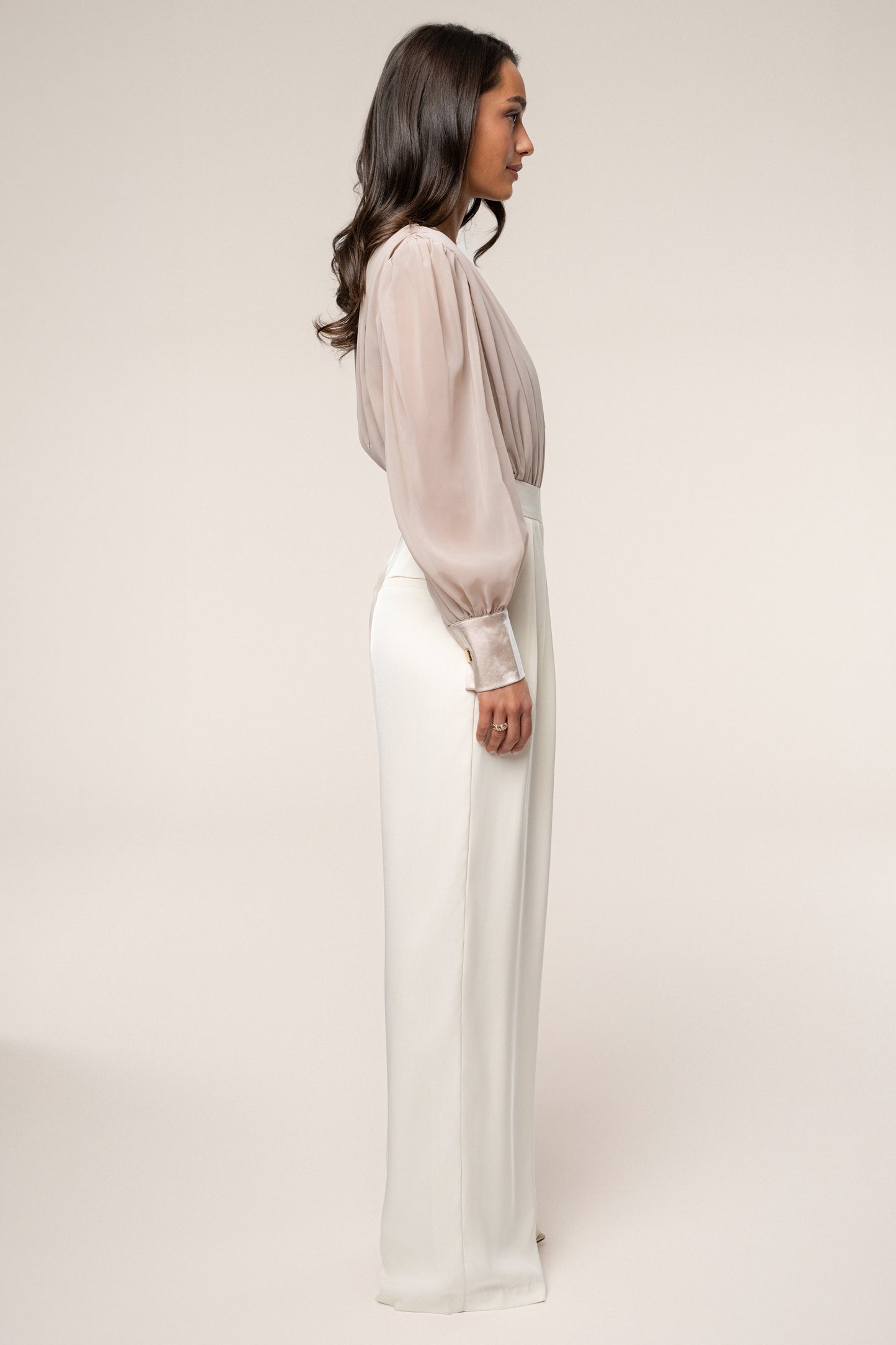 Beige Refined Pleated Chiffon Top