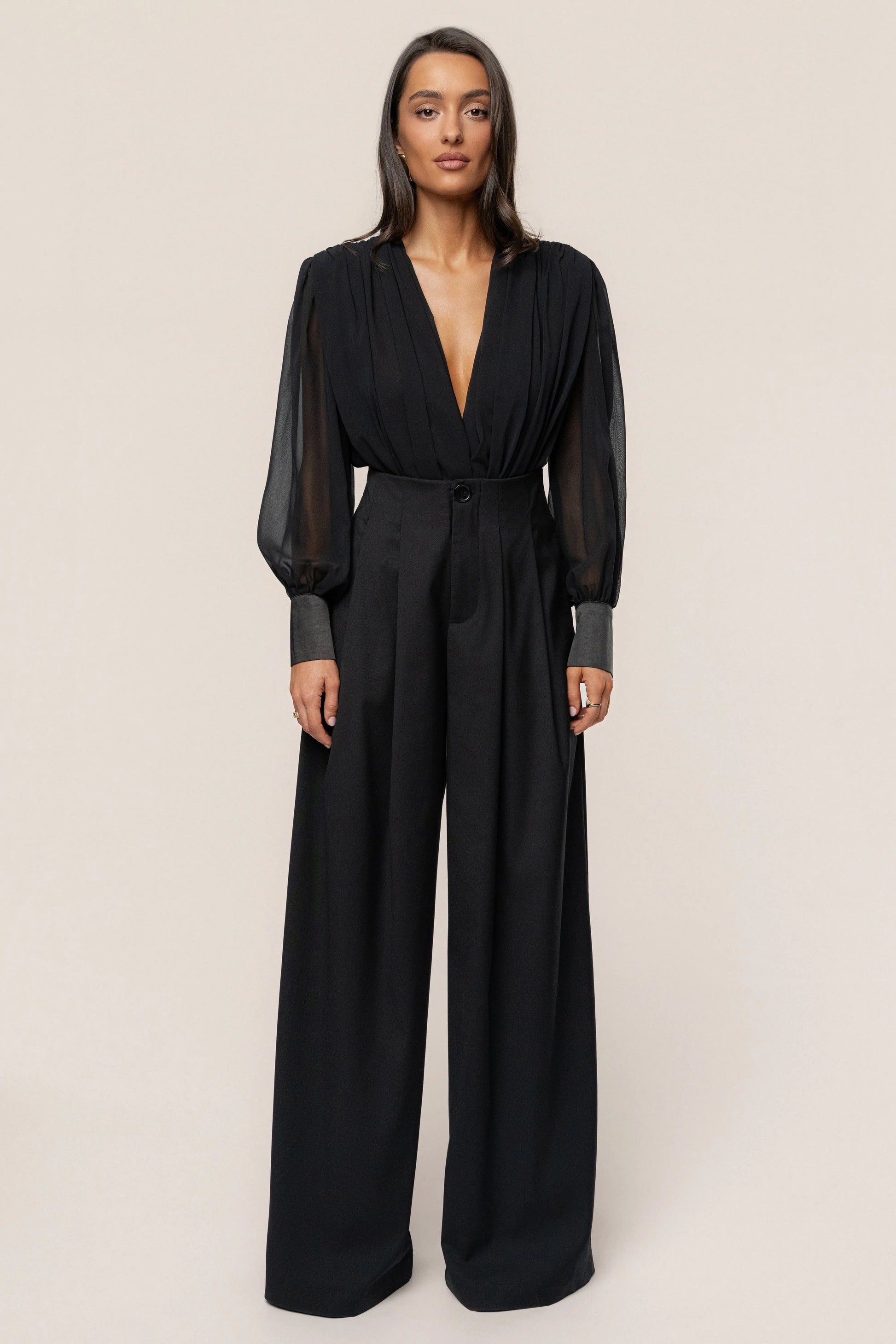 Black Refined Pleated Chiffon Top JLUXLABEL