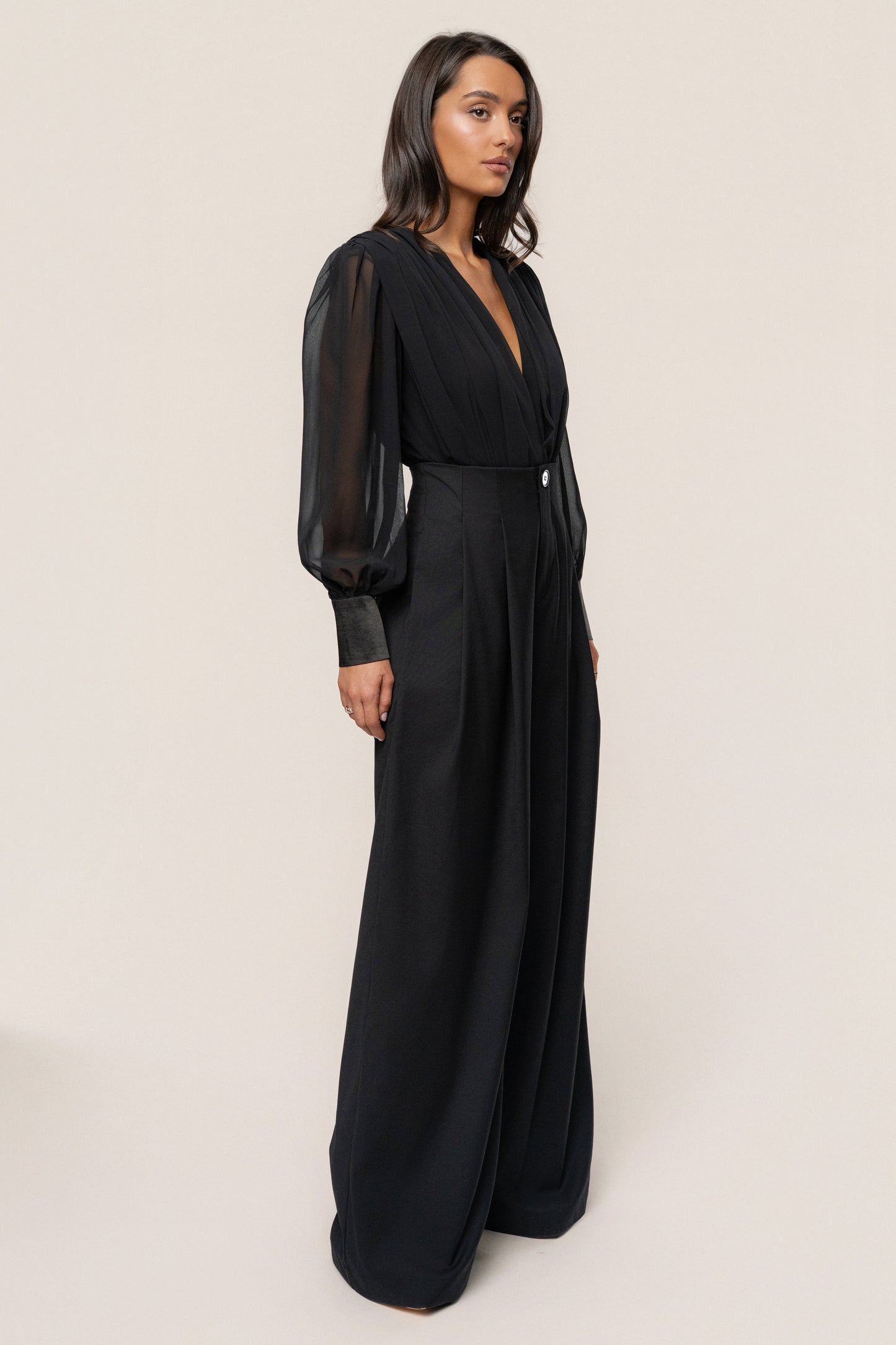 Black Polished Pleat Trouser