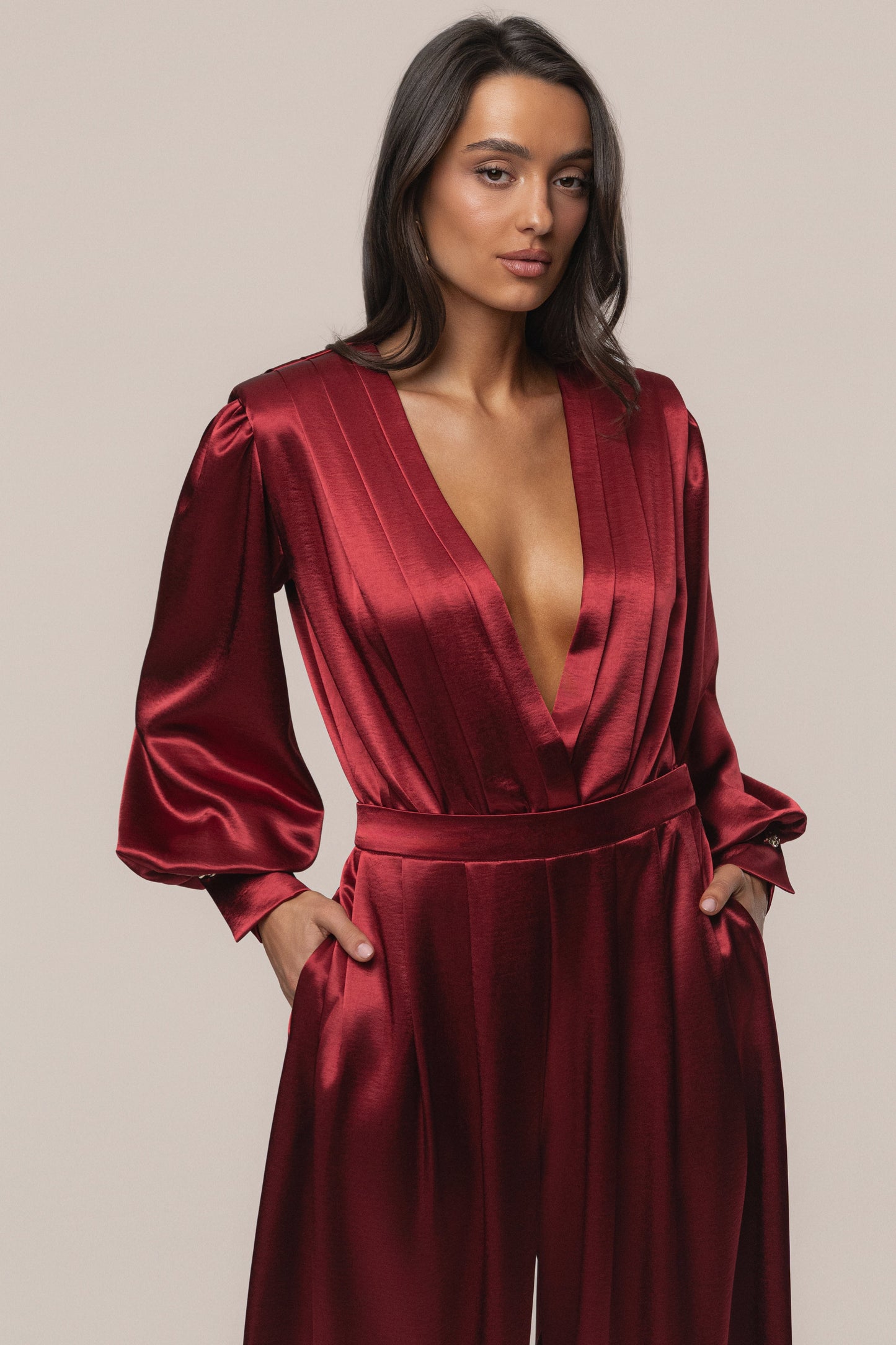 Burgundy Satin Bliss Pleated Pant