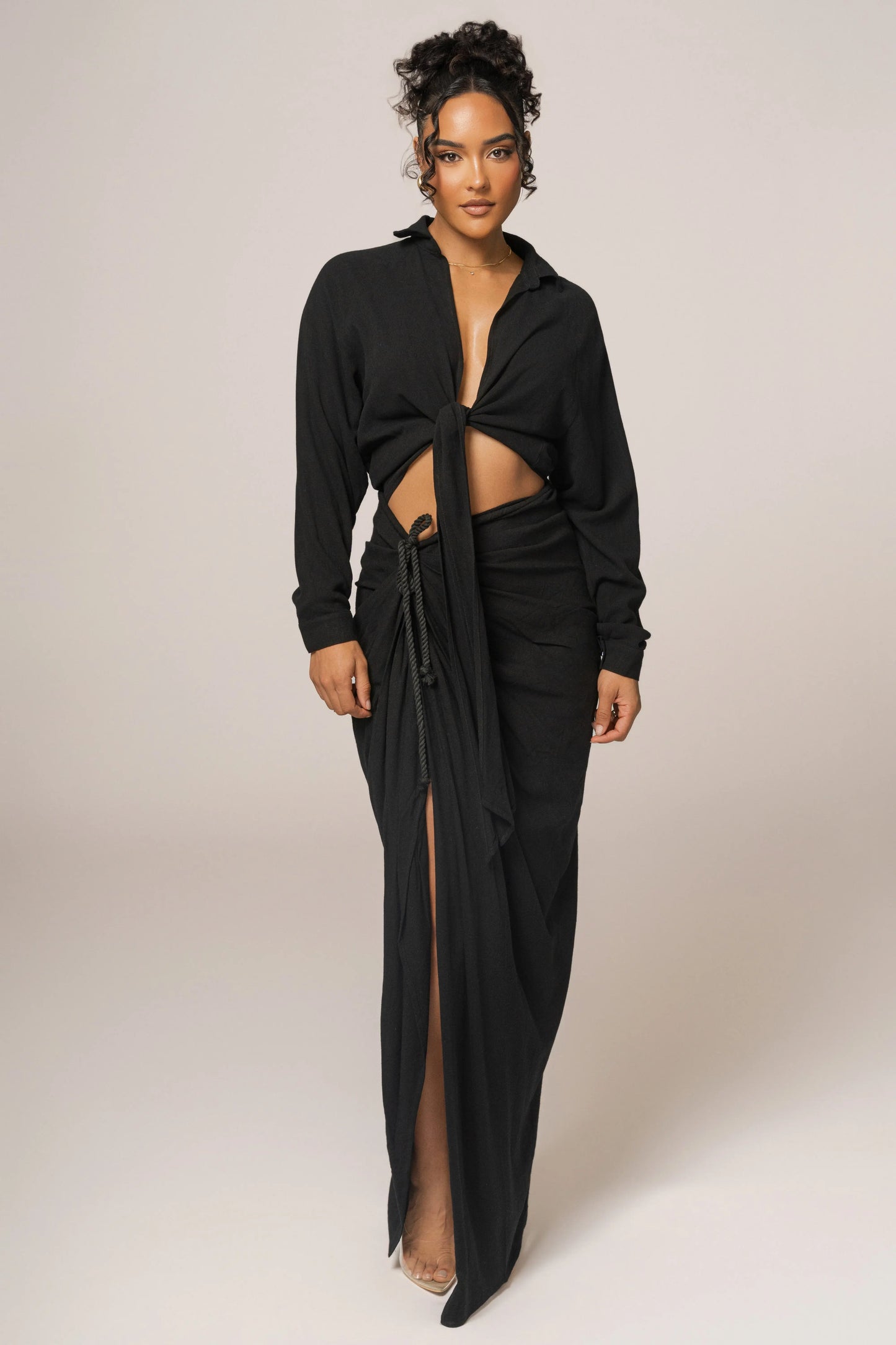 Black Soho Front Tied Woven Top JLUXLABEL