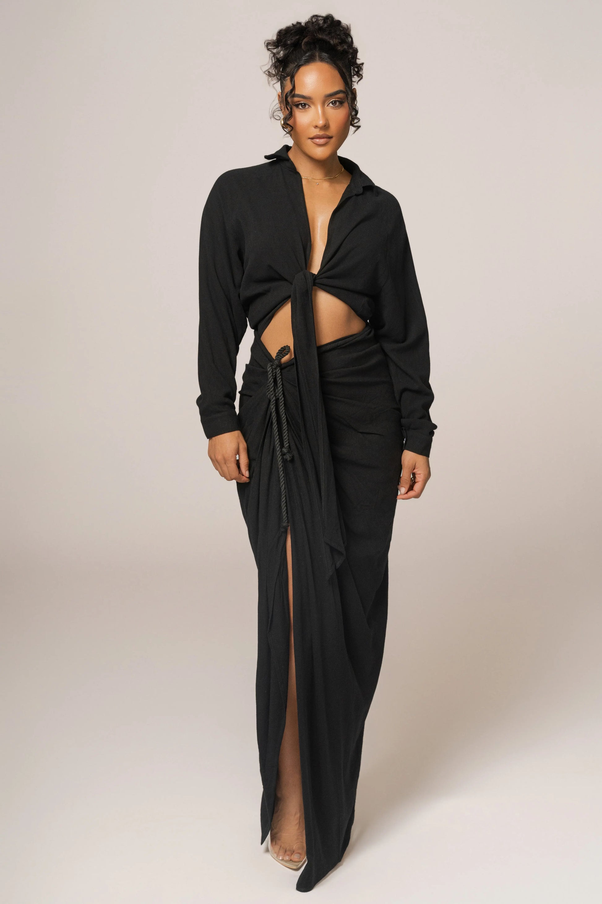 Black Soho Front Tied Woven Top JLUXLABEL