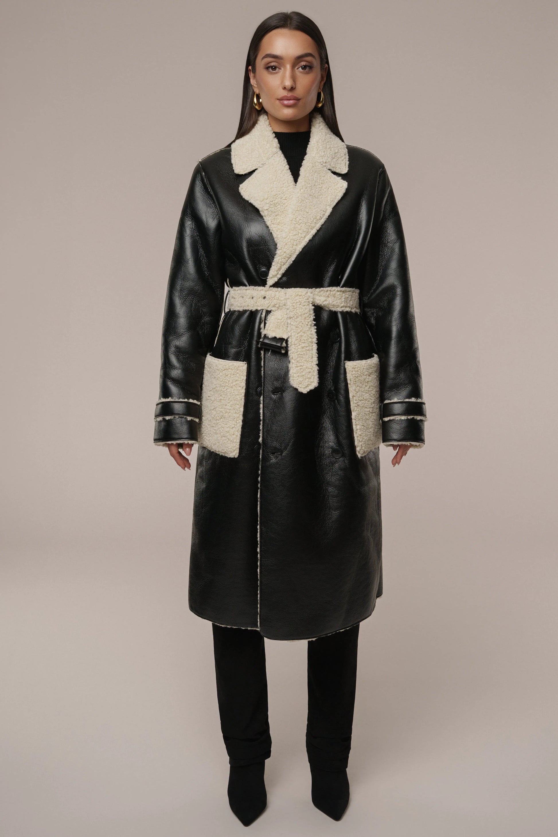 Black/Ivory Sherpa And Faux Leather Coat JLUXLABEL
