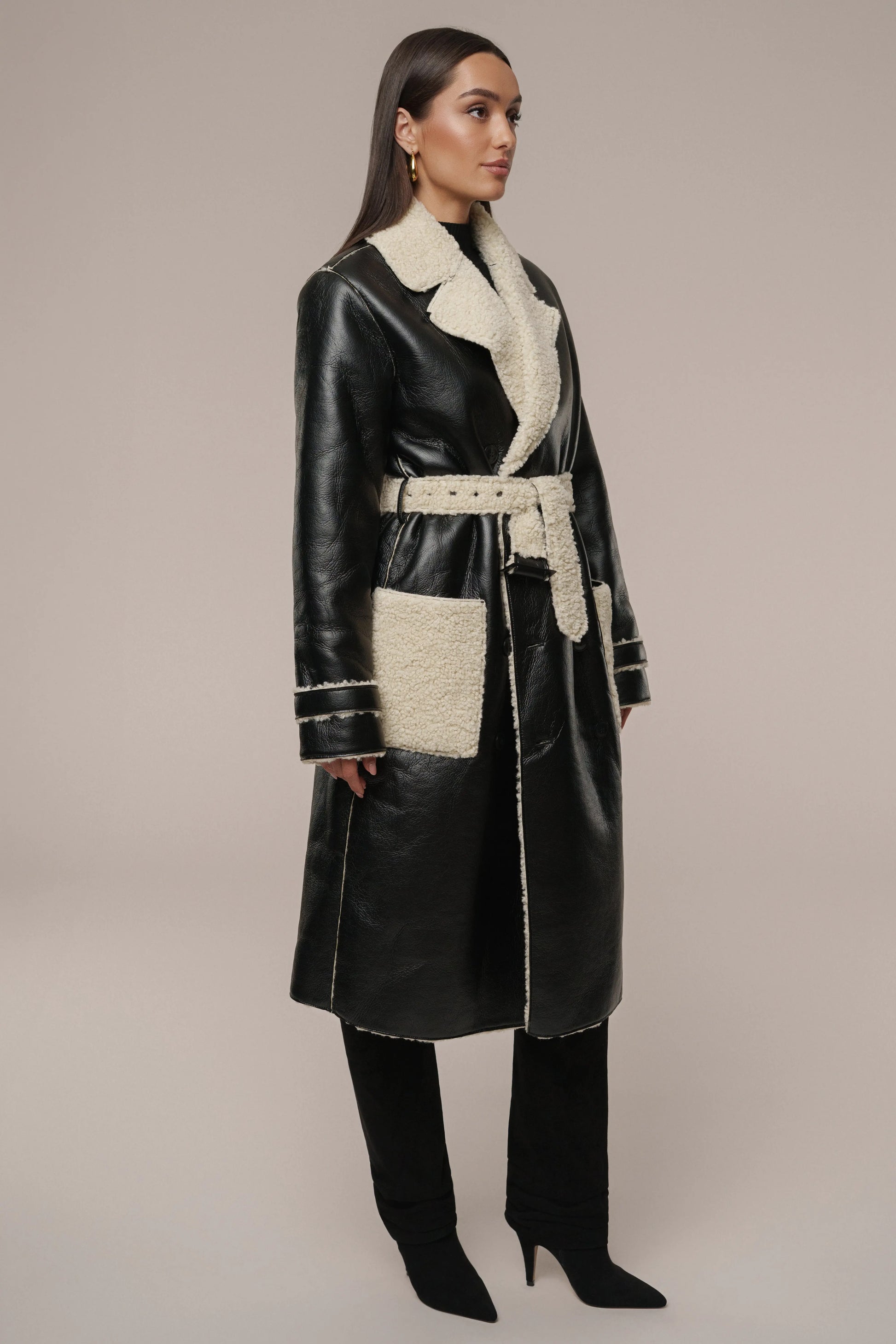 Black/Ivory Sherpa And Faux Leather Coat JLUXLABEL