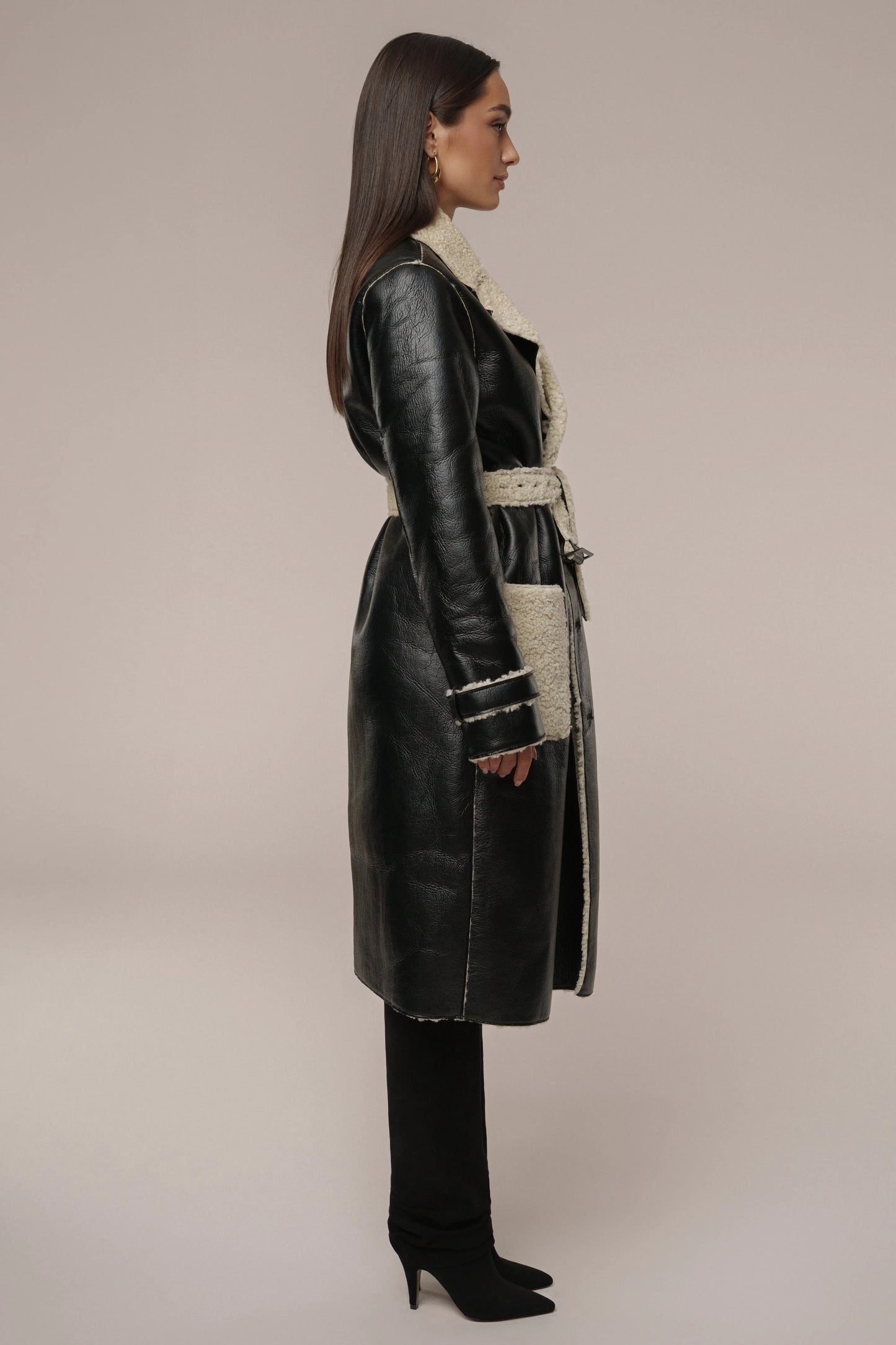 Black/Ivory Sherpa And Faux Leather Coat JLUXLABEL