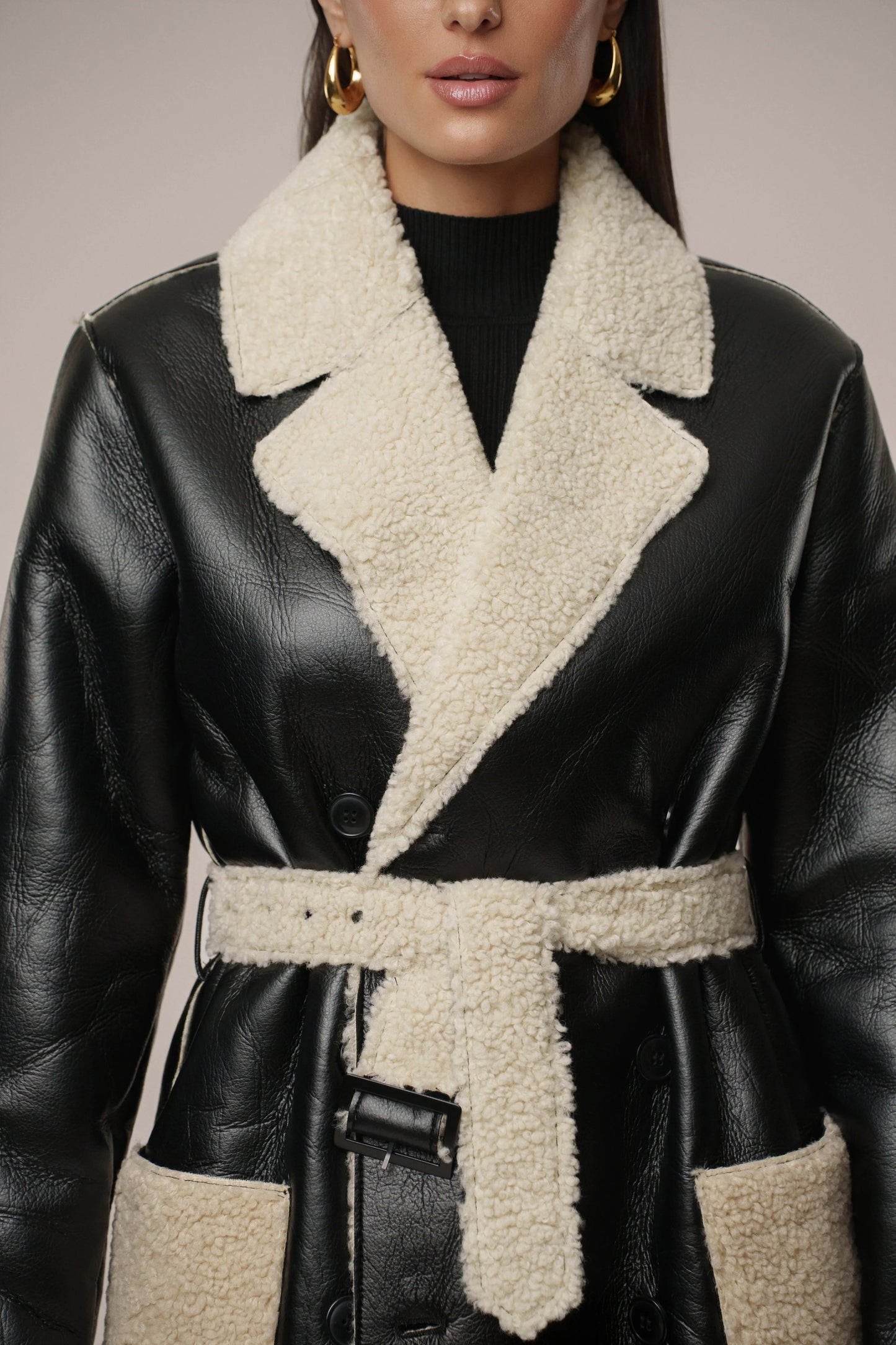 Black/Ivory Sherpa And Faux Leather Coat JLUXLABEL