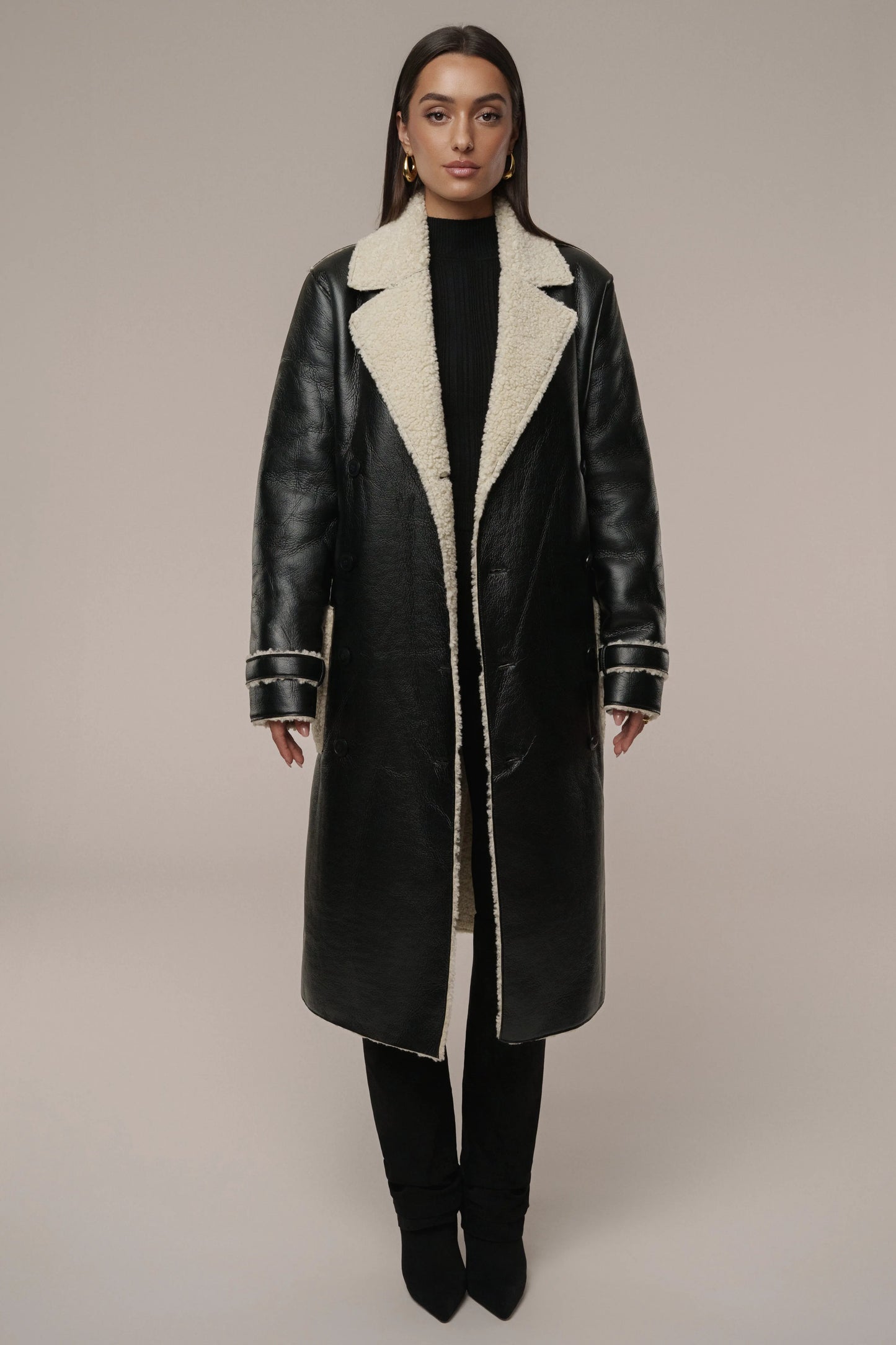 Black/Ivory Sherpa And Faux Leather Coat JLUXLABEL