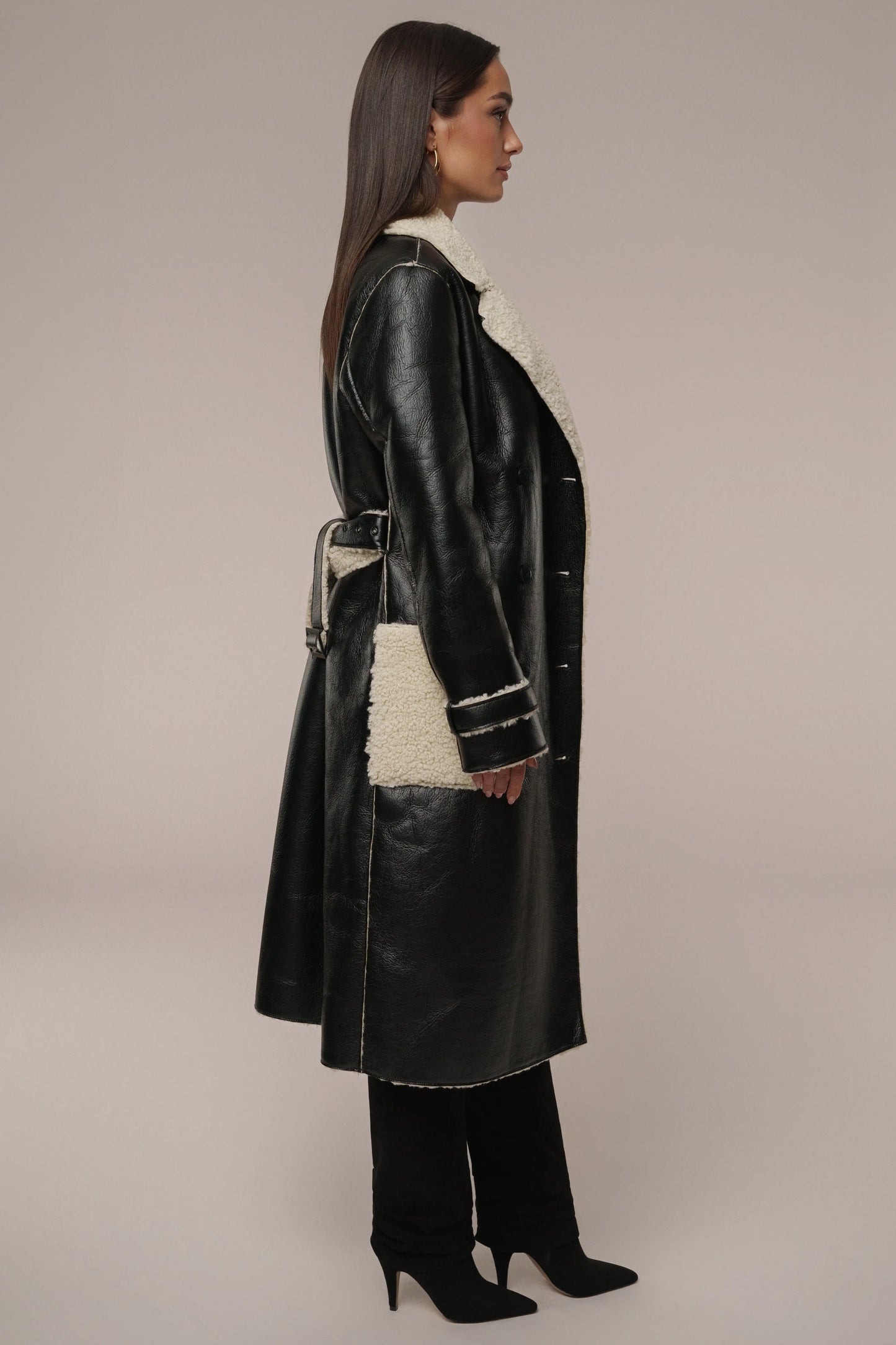 Black/Ivory Sherpa And Faux Leather Coat JLUXLABEL