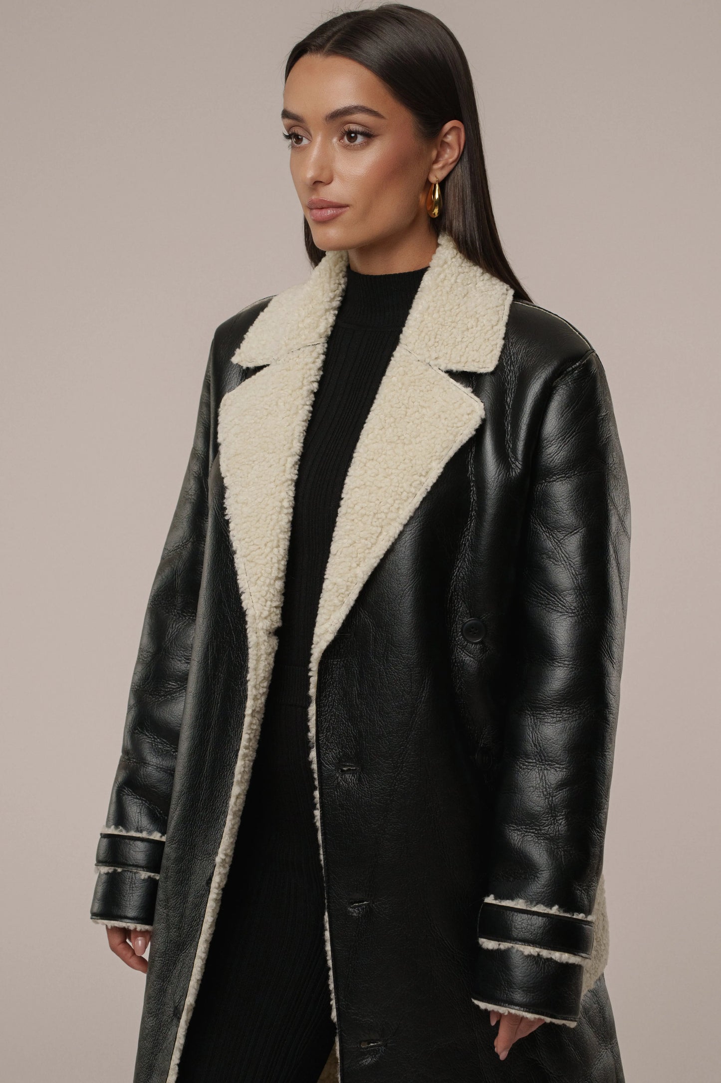 Black/Ivory Sherpa And Faux Leather Coat JLUXLABEL