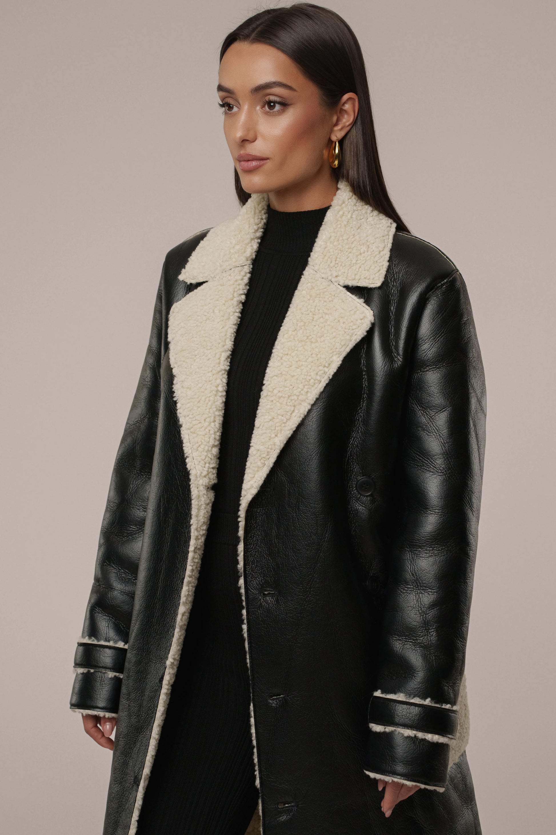 Black/Ivory Sherpa And Faux Leather Coat JLUXLABEL