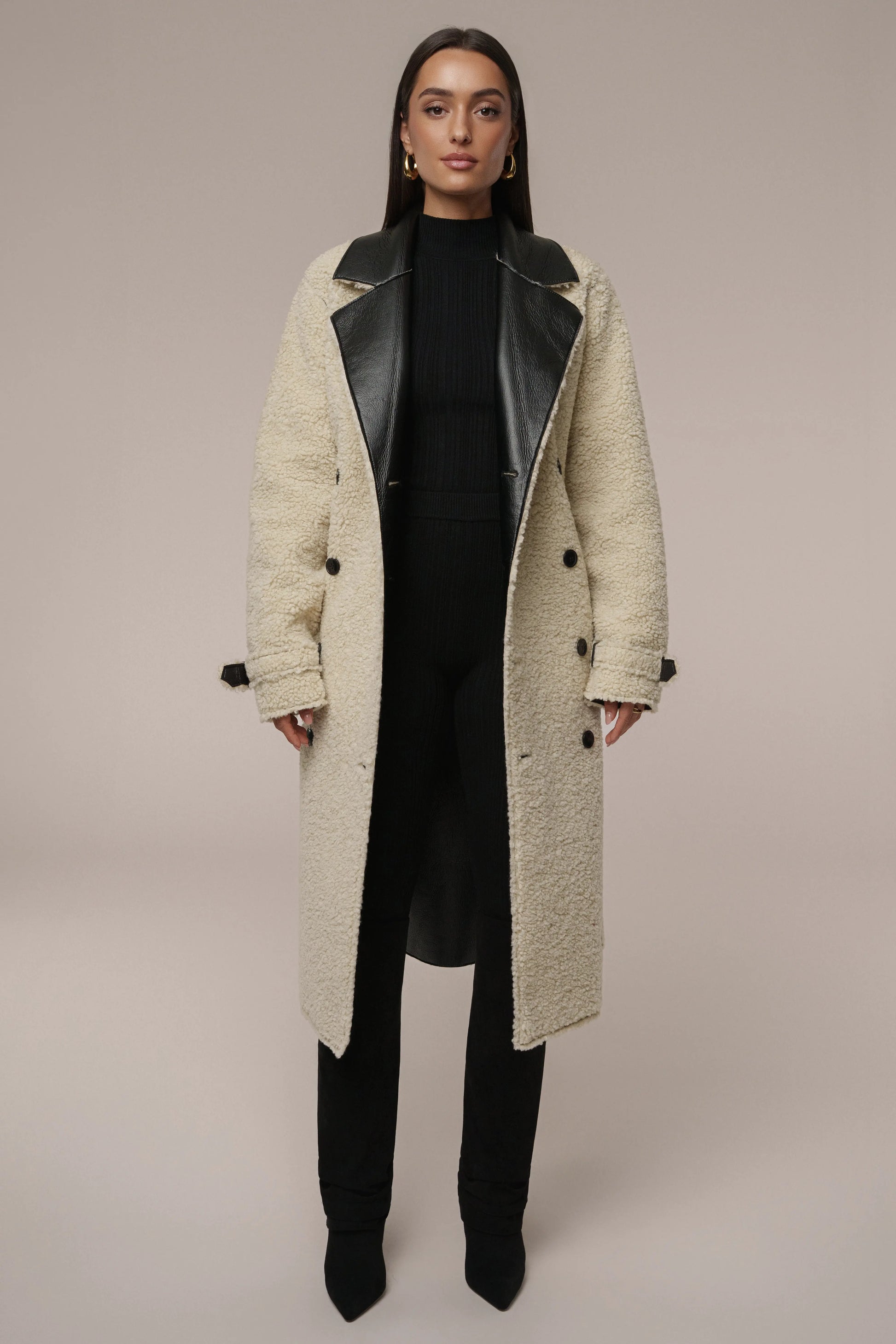 Black/Ivory Sherpa And Faux Leather Coat JLUXLABEL