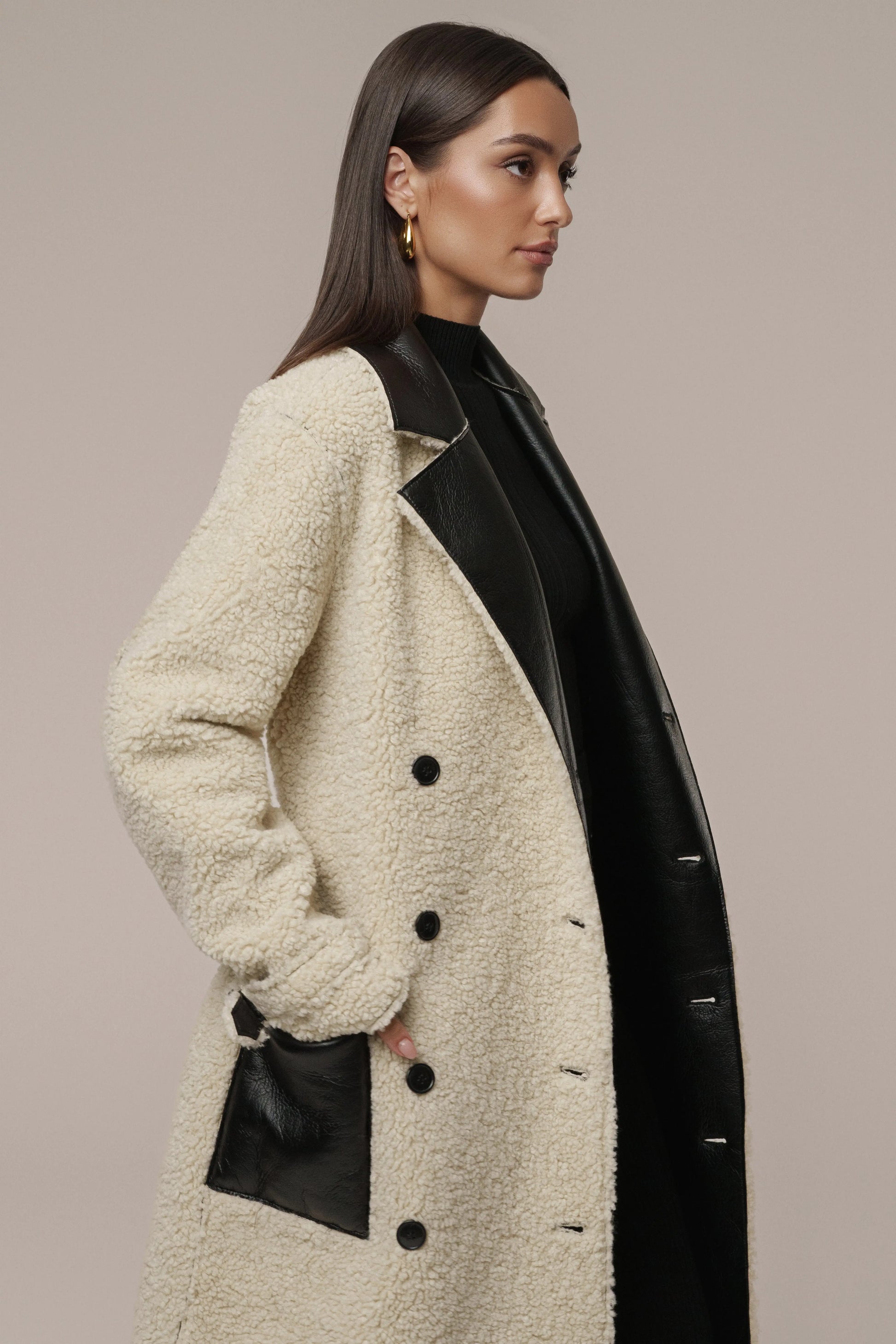 Black/Ivory Sherpa And Faux Leather Coat JLUXLABEL