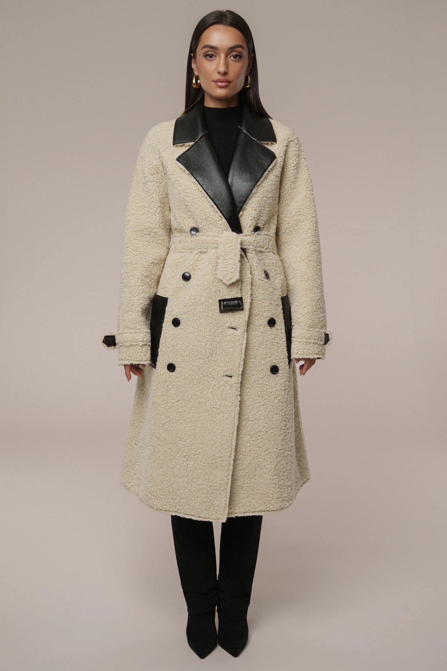 Black/Ivory Sherpa And Faux Leather Coat JLUXLABEL