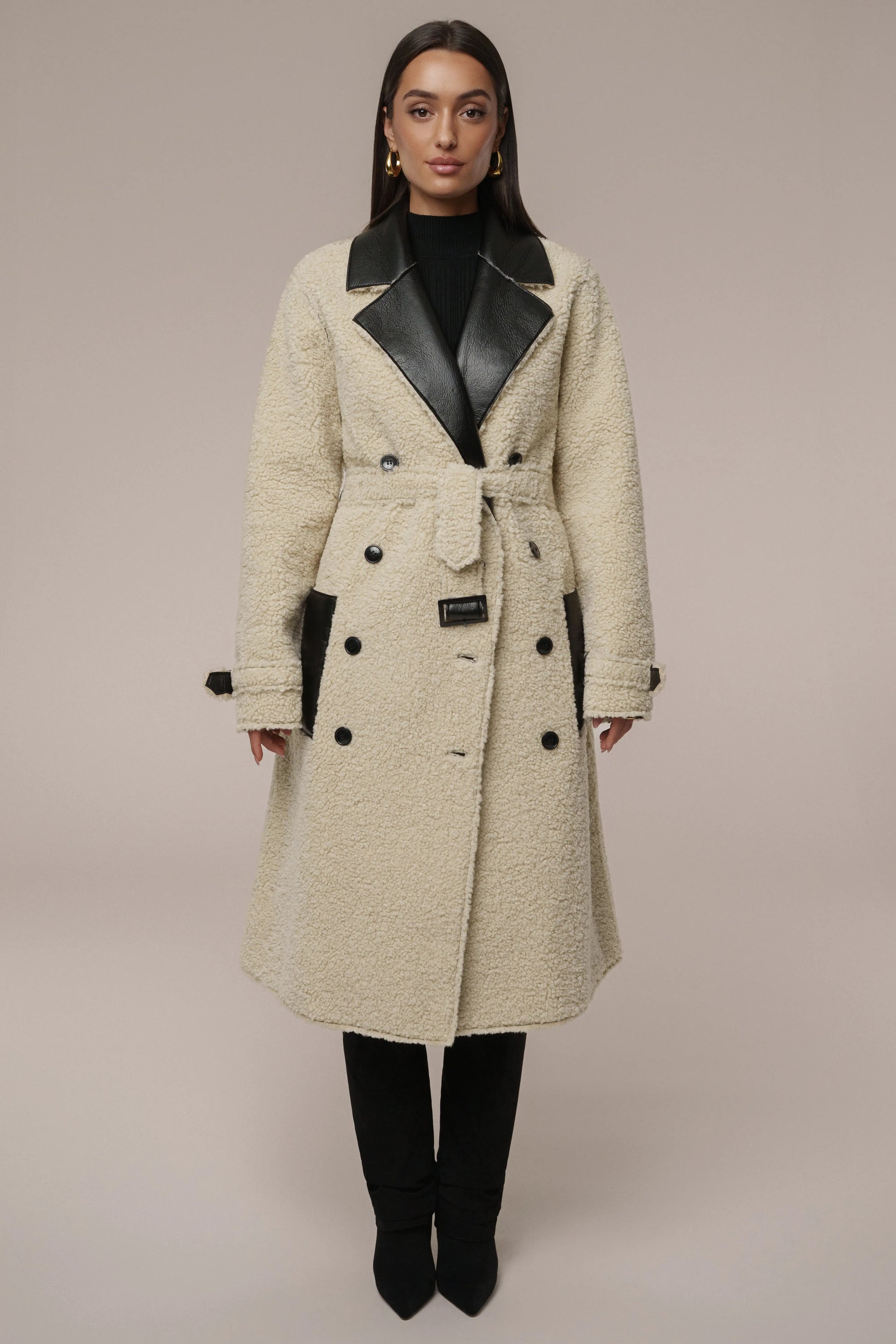 Black/Ivory Sherpa And Faux Leather Coat JLUXLABEL