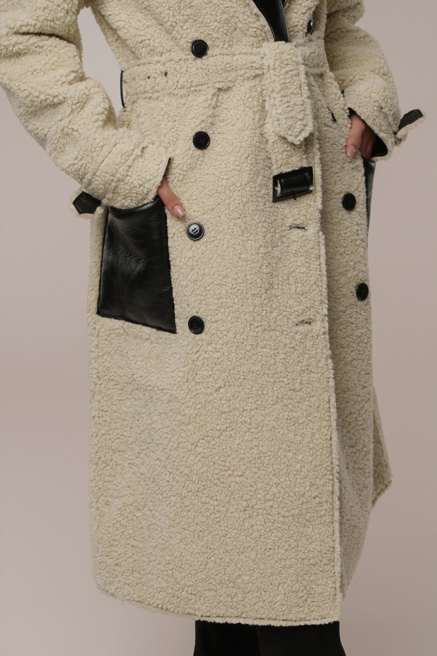 Black/Ivory Sherpa And Faux Leather Coat JLUXLABEL