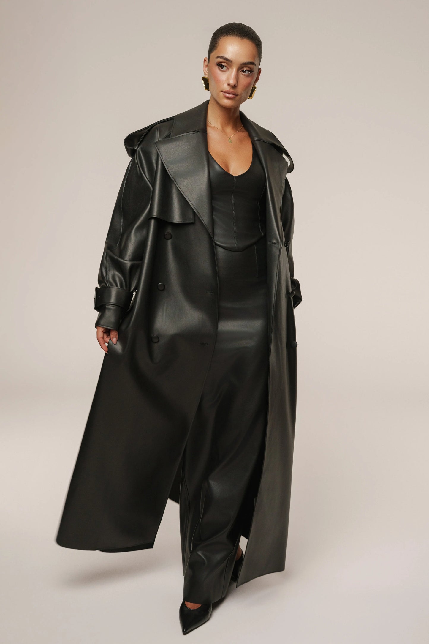 Black The Icon PU Leather Coat JLUXLABEL