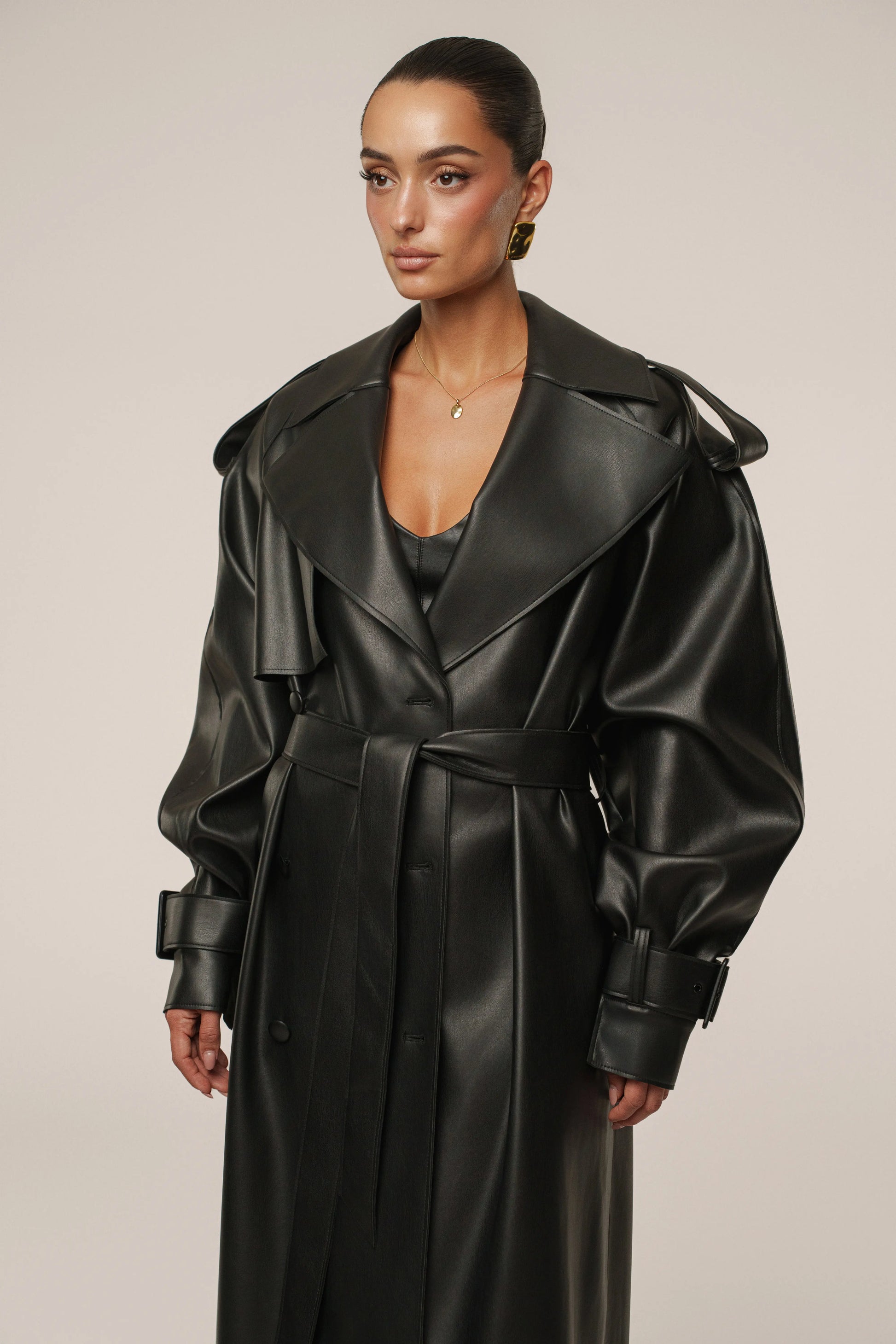 Black The Icon PU Leather Coat JLUXLABEL
