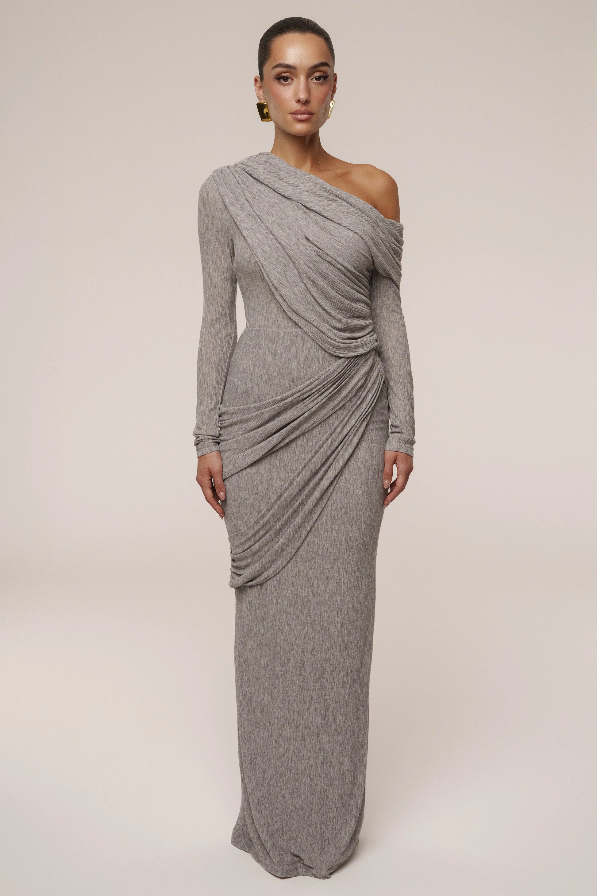 Grey Textured One Shoulder Bodysuit JLUXLABEL