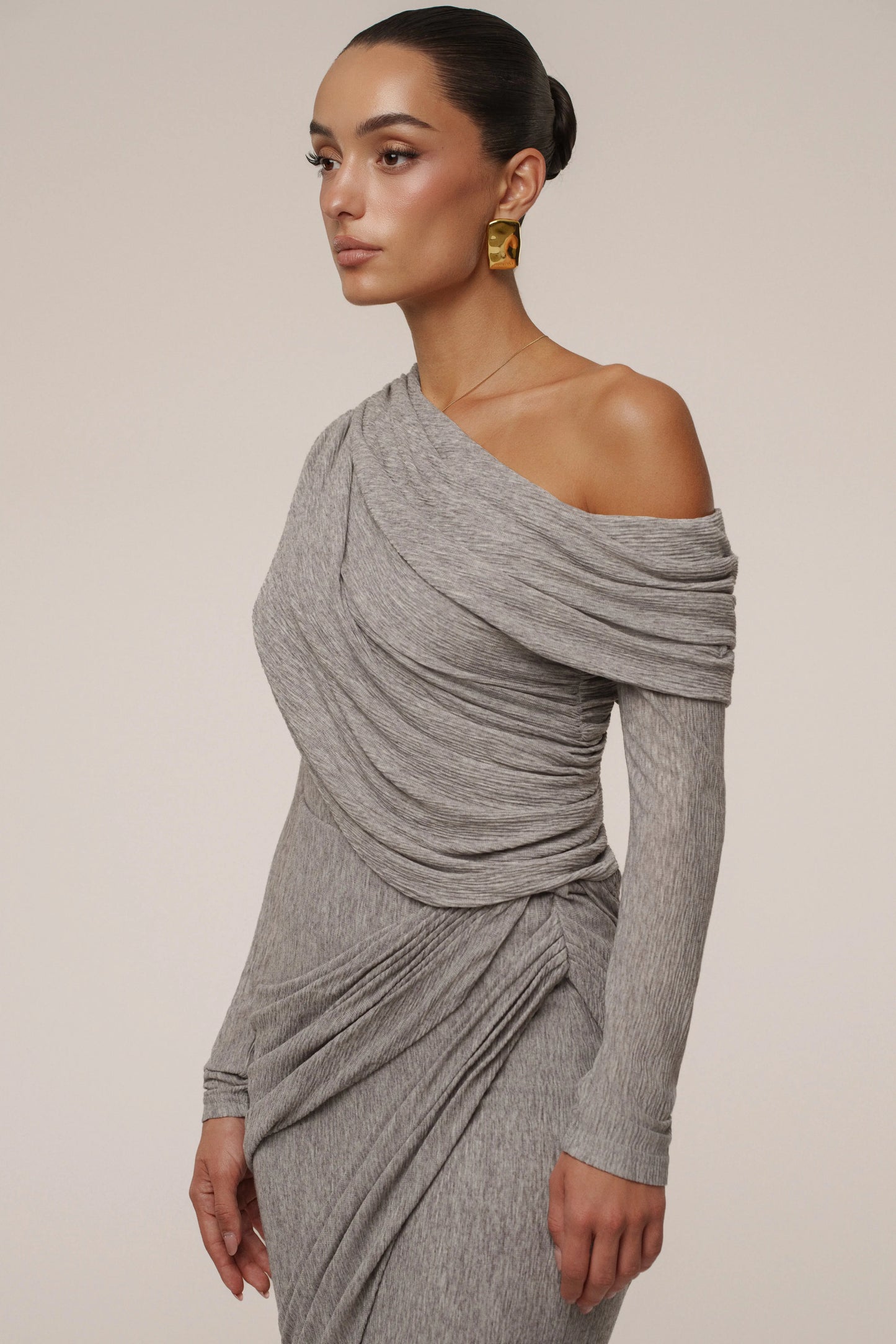 Grey Textured One Shoulder Bodysuit JLUXLABEL