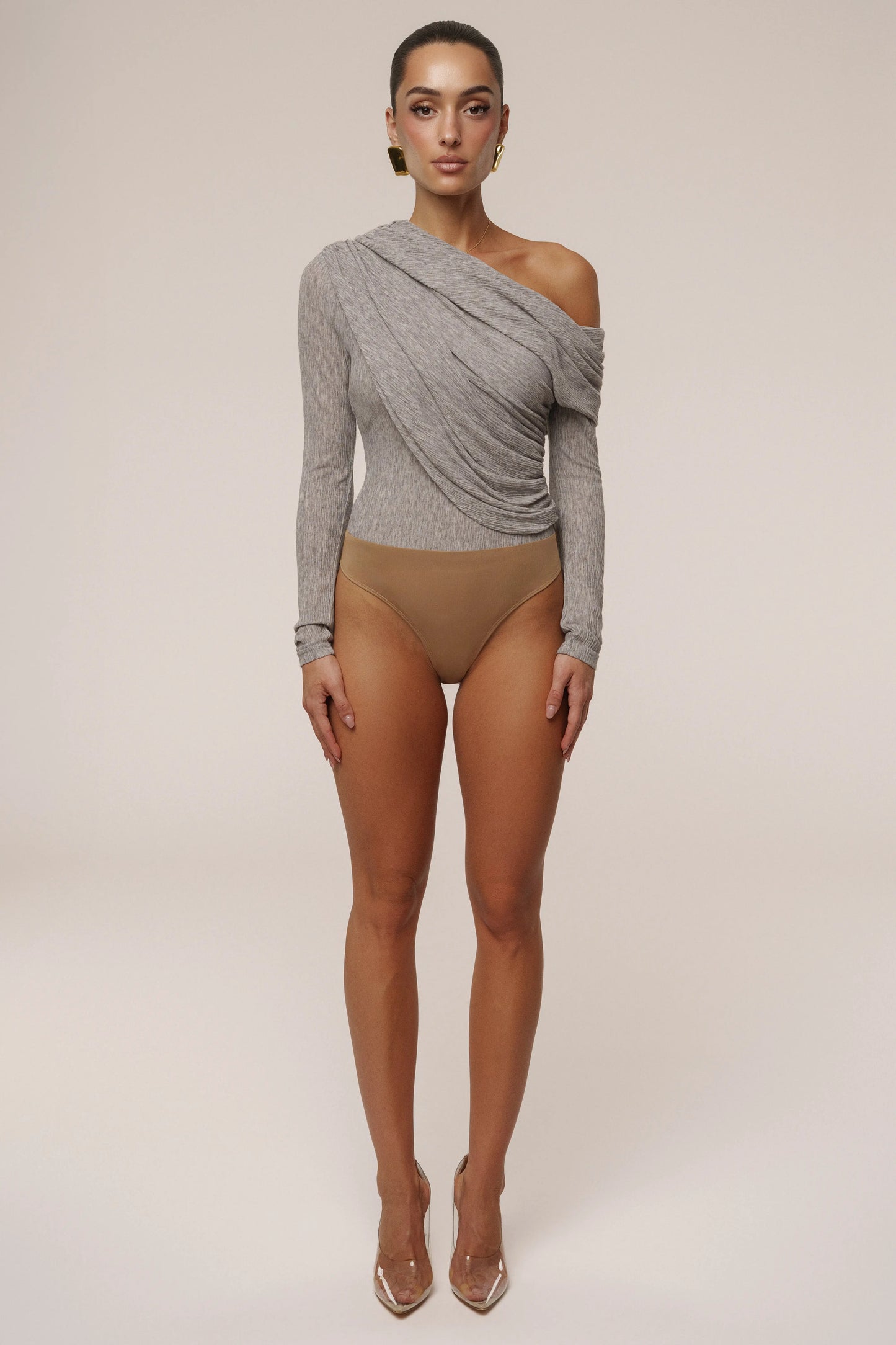 Grey Textured One Shoulder Bodysuit JLUXLABEL