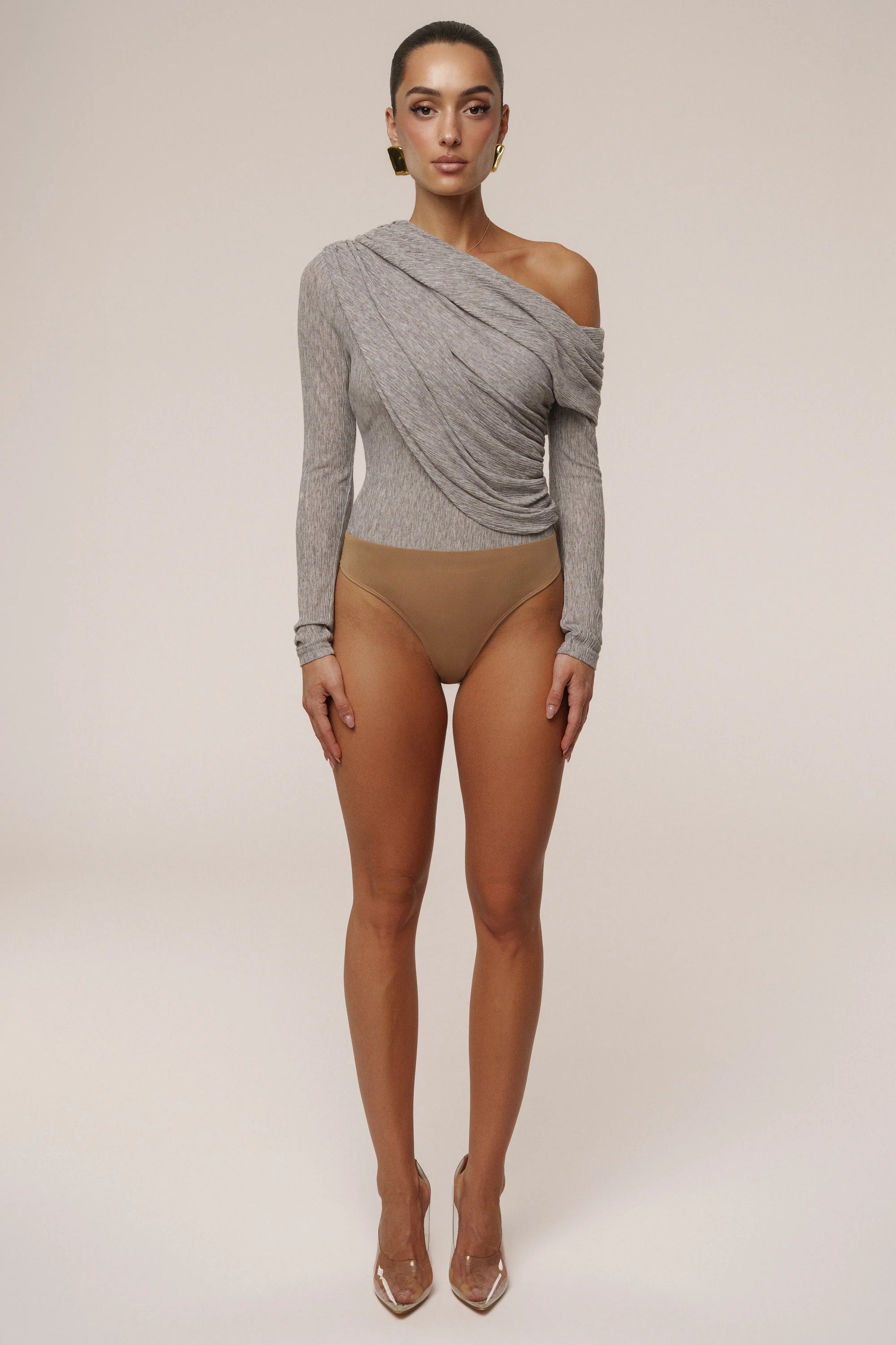 Grey Textured One Shoulder Bodysuit JLUXLABEL