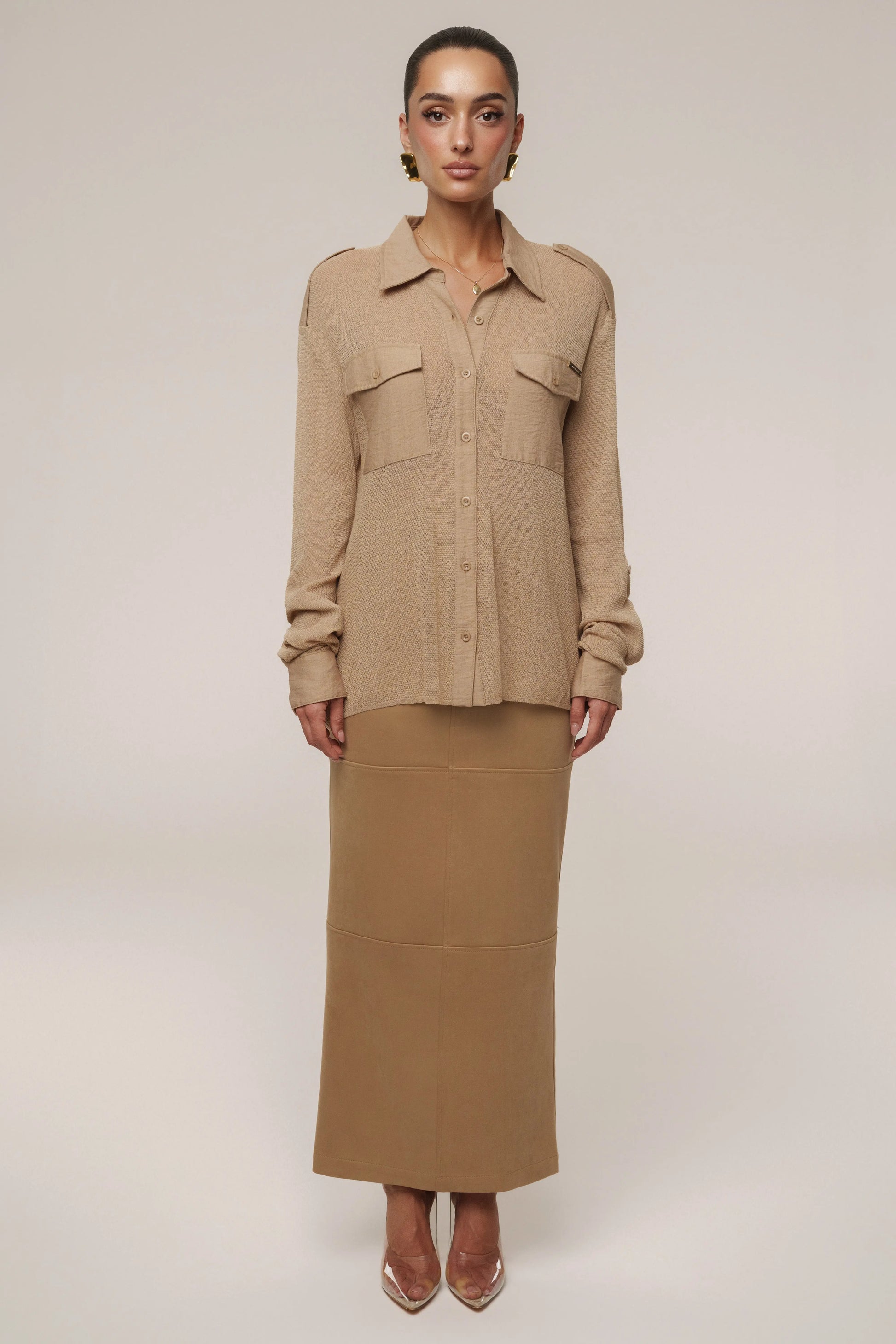 Beige Sway Sheer Button Up Top JLUXLABEL