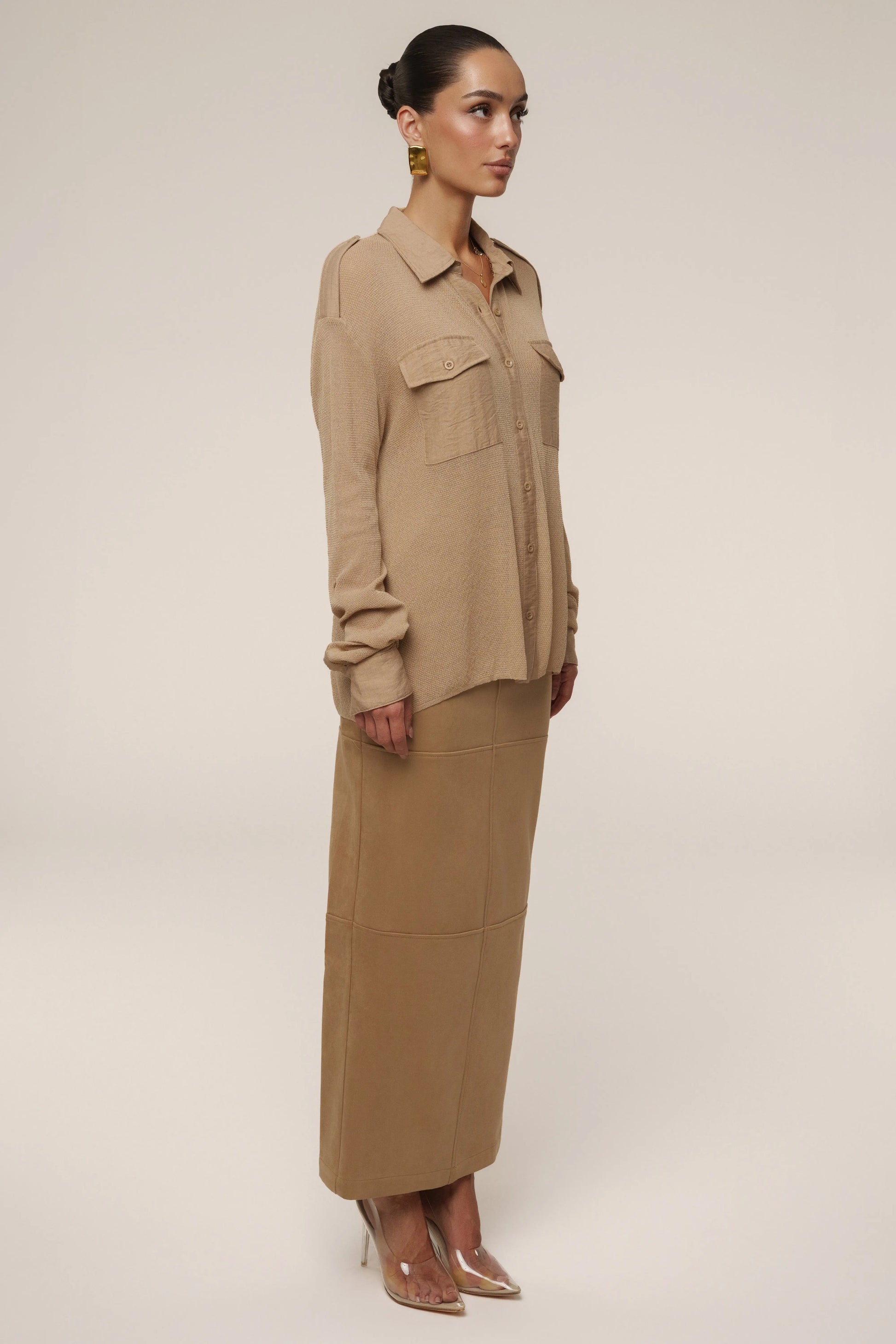 Beige Sway Sheer Button Up Top JLUXLABEL